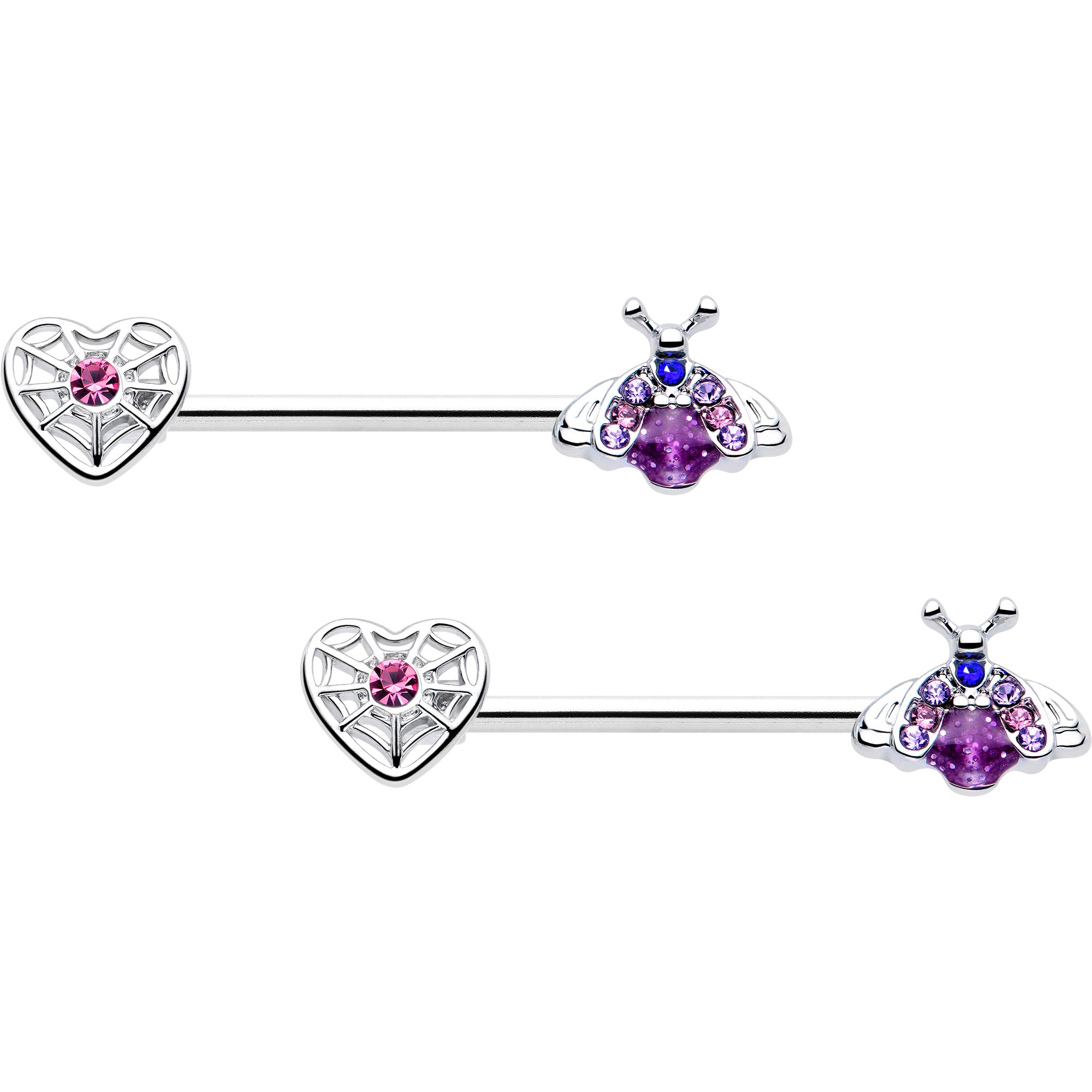 14 Gauge Pink Blue Gem Spiderweb Heart Insect Barbell Nipple Rings
