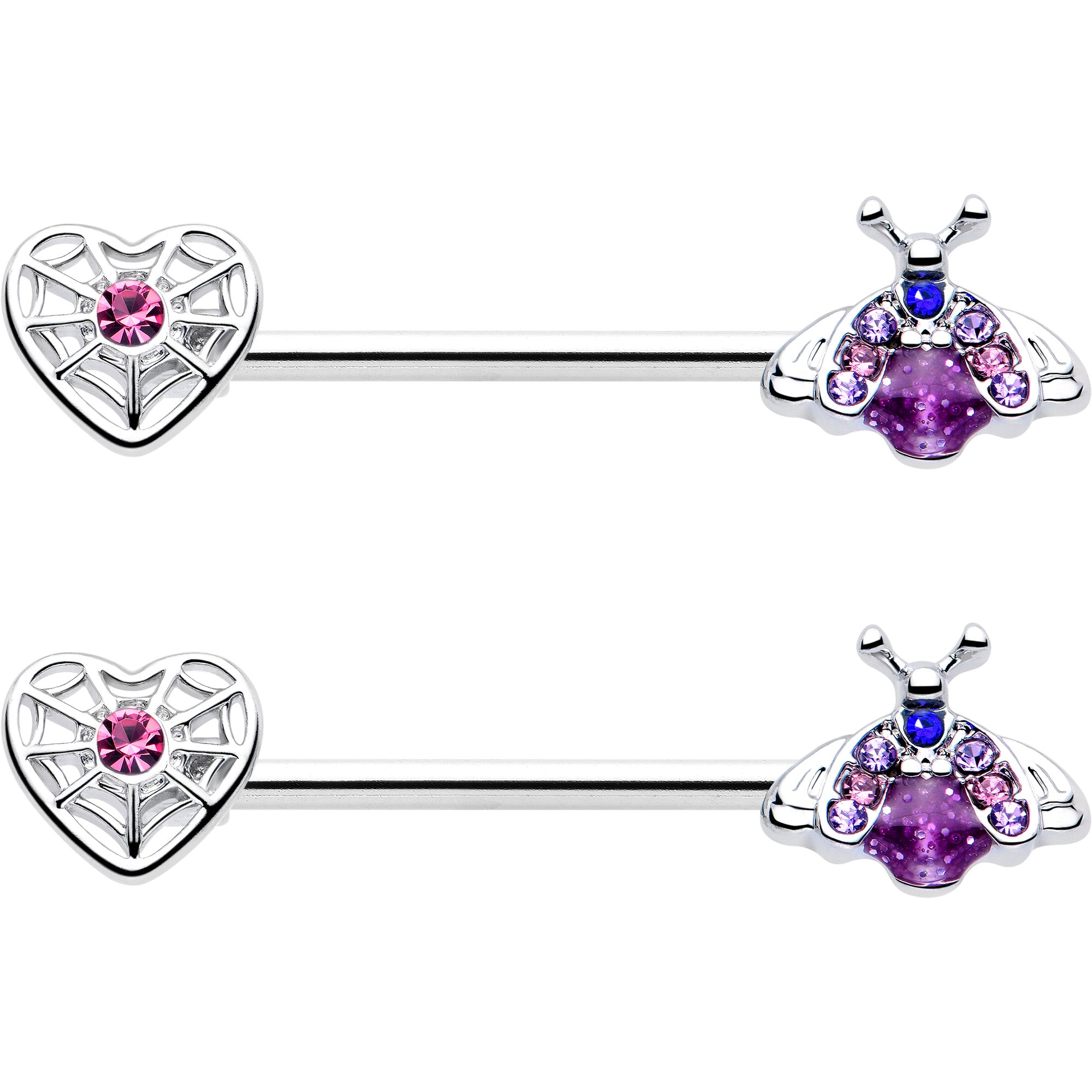 Pink Blue Gem 14 Gauge Spiderweb Heart Insect Nipple Barbell Rings
