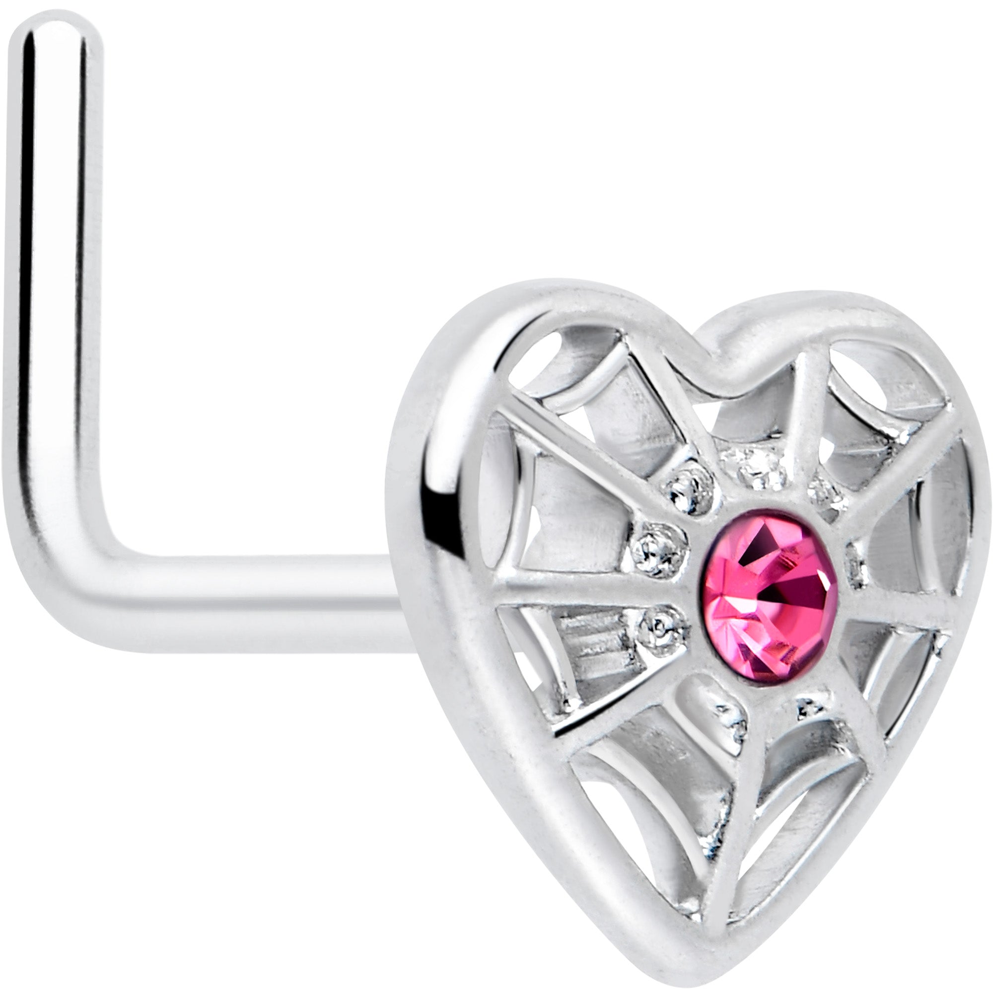 20 Gauge 7mm Pink Gem Spiderweb Heart Love L Shape Nose Ring