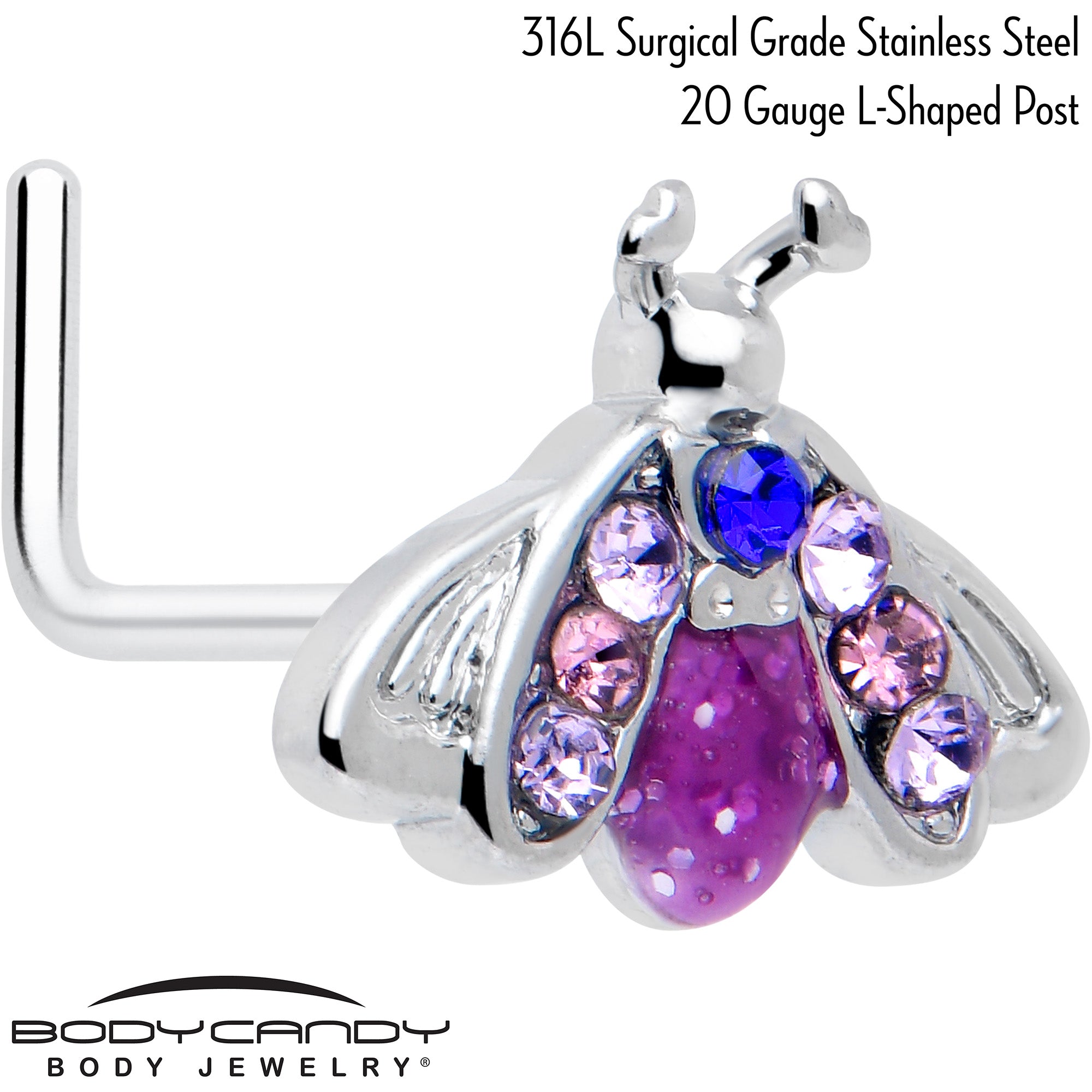 7mm Pink Blue Gem Insect L Shape Nose Ring 20 Gauge