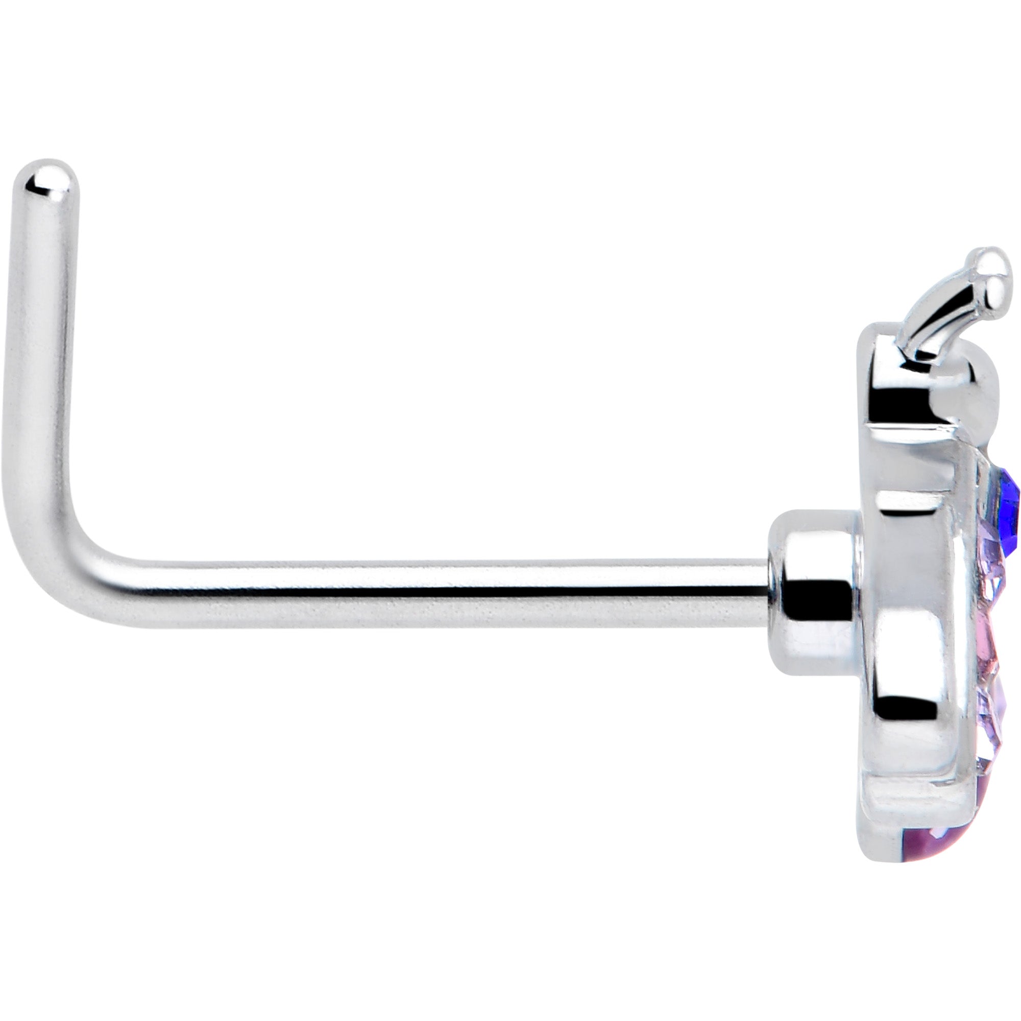20 Gauge Insect L Shape Nose Ring with Pink Blue Gem 7mm