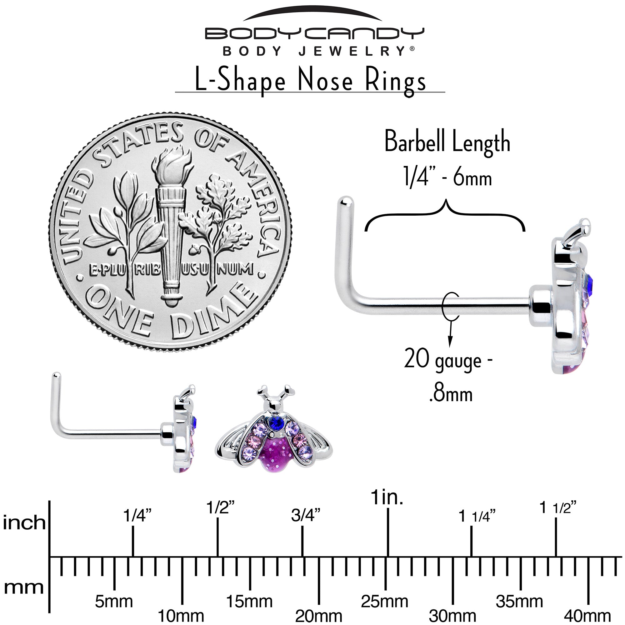 20 Gauge Insect L Shape Nose Ring with Pink Blue Gem 7mm