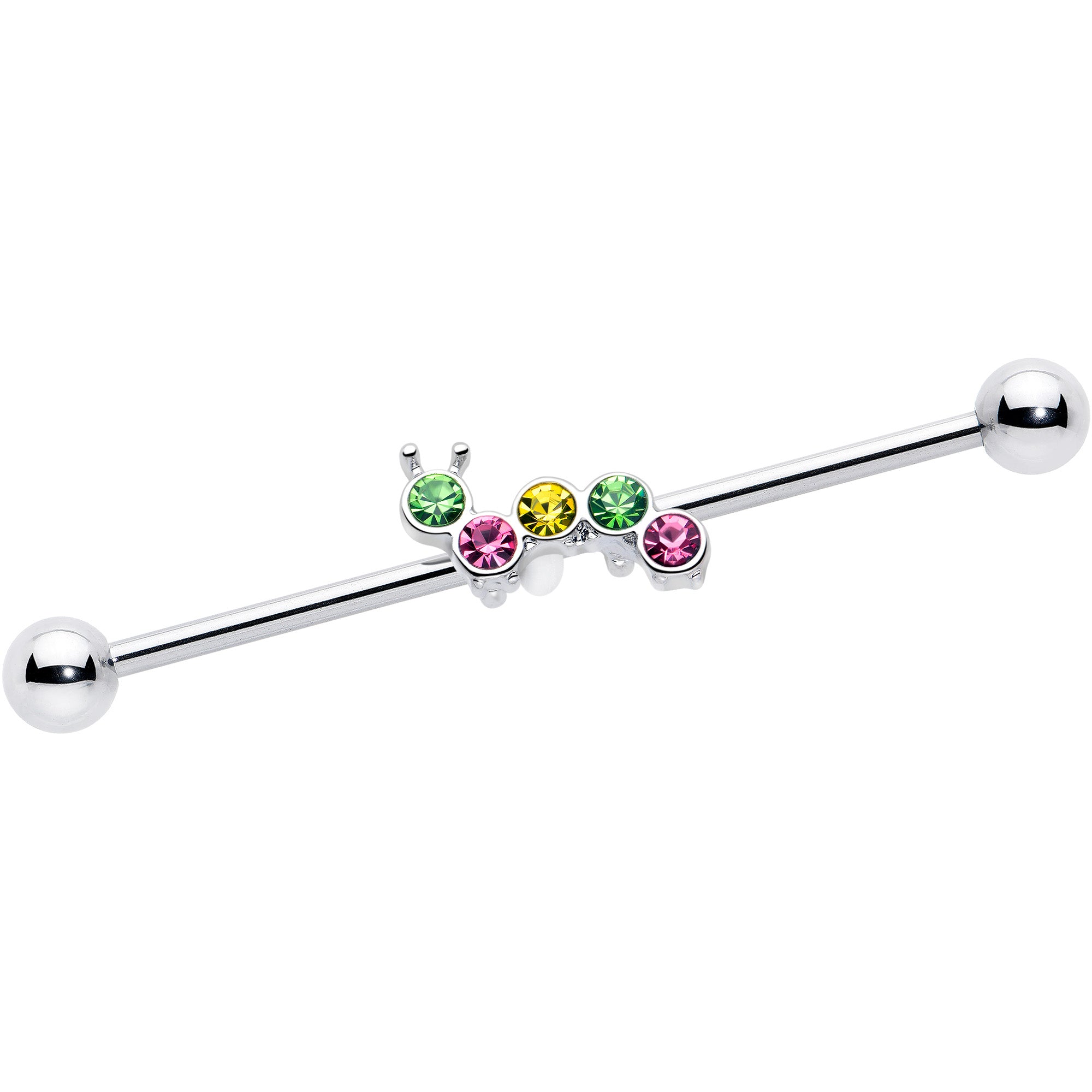 14 Gauge Green Pink Gem Caterpillar Industrial Barbell 38mm
