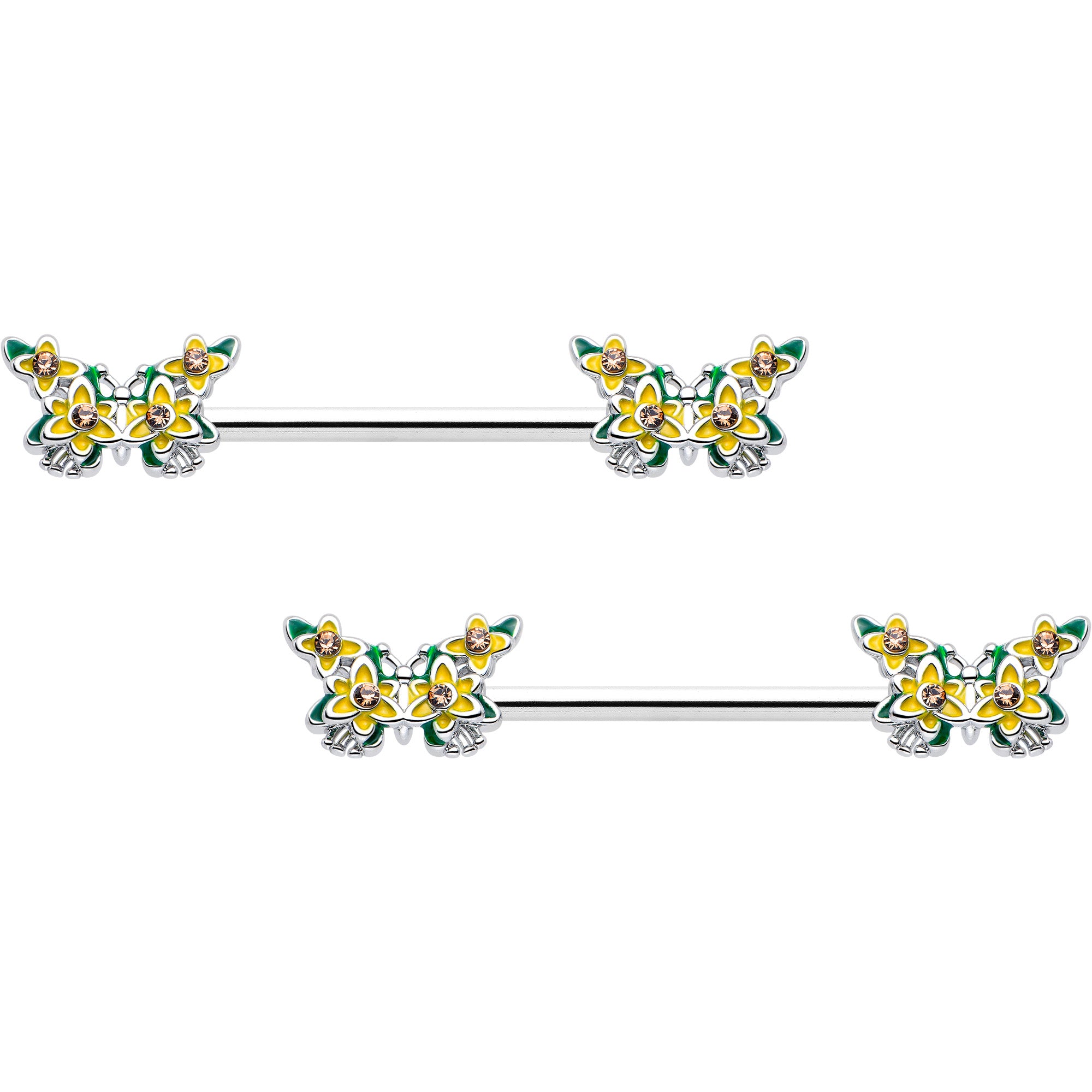 14 Gauge 9/16 Yellow CZ Gem Blooming Butterfly Barbell Nipple Ring Set