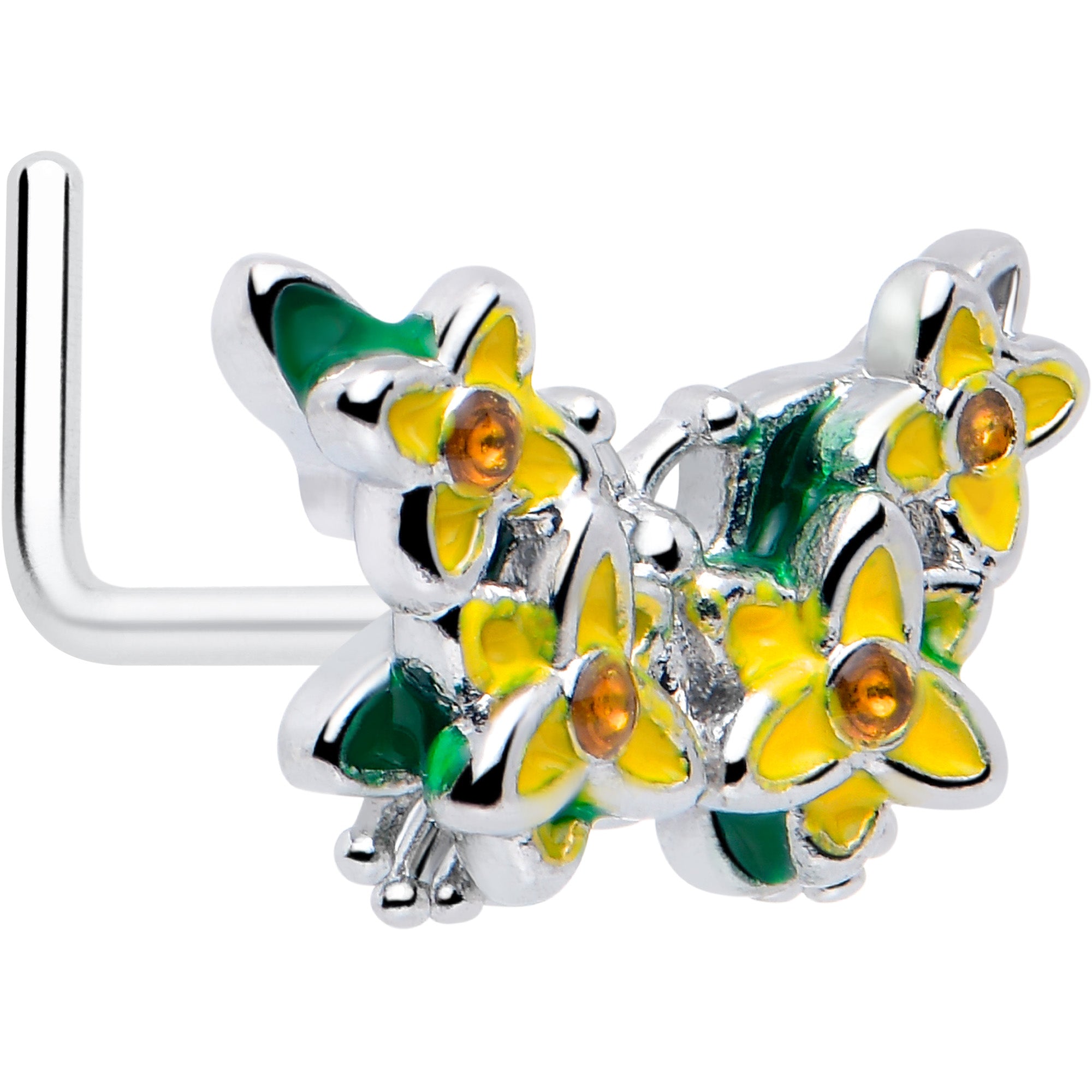20 Gauge 7mm Yellow CZ Gem Butterfly L Shape Nose Ring