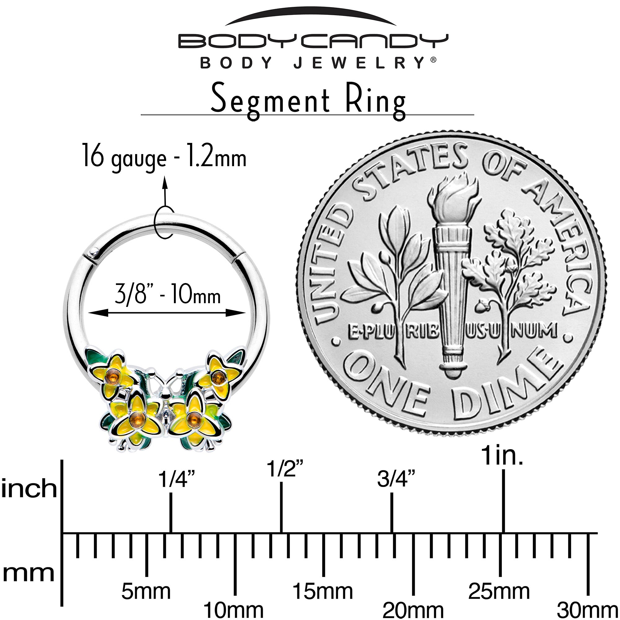 Blooming Butterfly Hinged Segment Ring 16 Gauge Yellow CZ Gem