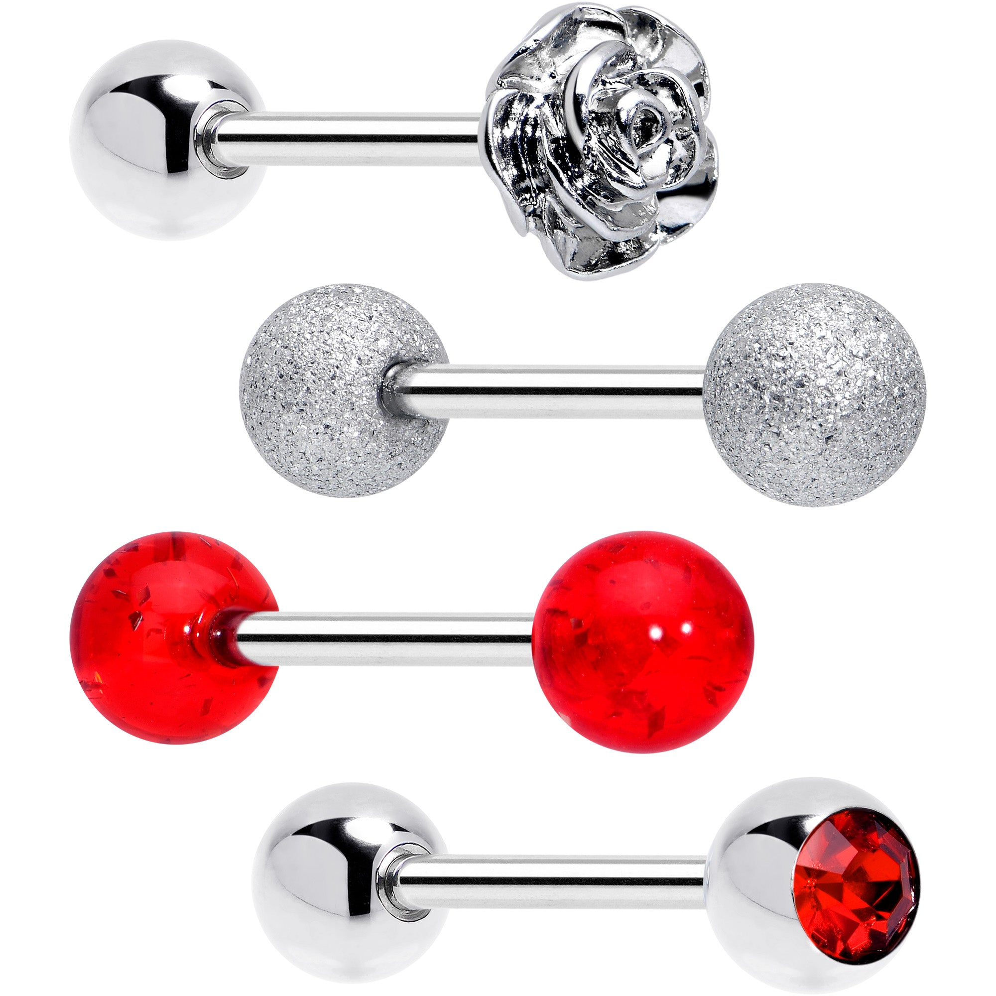 red cz gem flower sandblasted barbell tongue ring set of 4