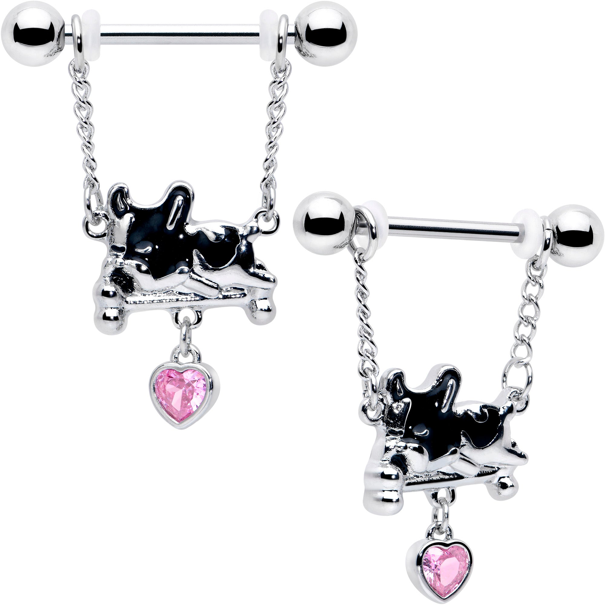 14 Gauge 9/16 Pink Gem Sleepy French Bulldog Chain Dangle Nipple Rings