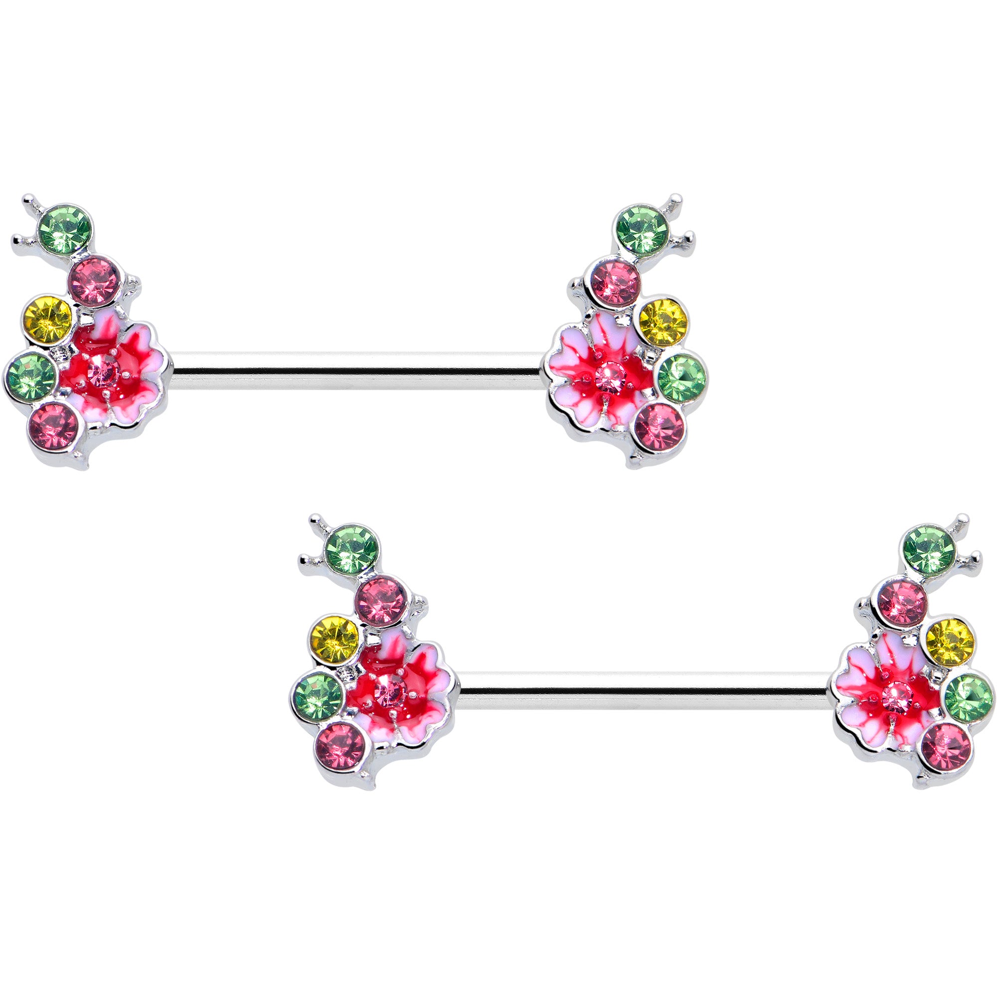 14 Gauge Green Pink Gem Caterpillar Flower Barbell Nipple Ring Set