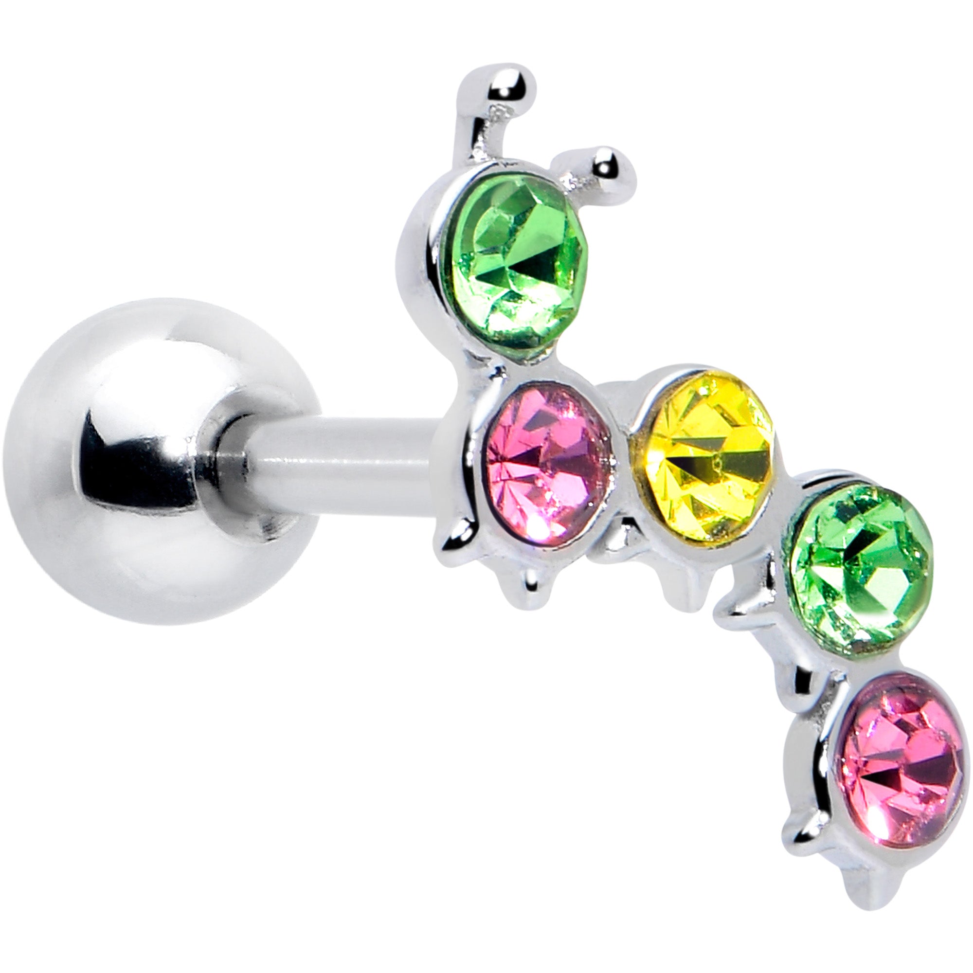 16 Gauge 1/4 Pink Green Gem Caterpillar Cartilage Tragus Earring