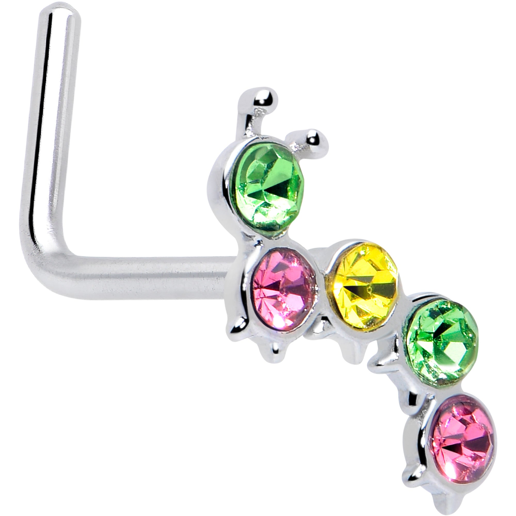 20 Gauge 7mm Pink Green CZ Gem Caterpillar L Shape Nose Ring