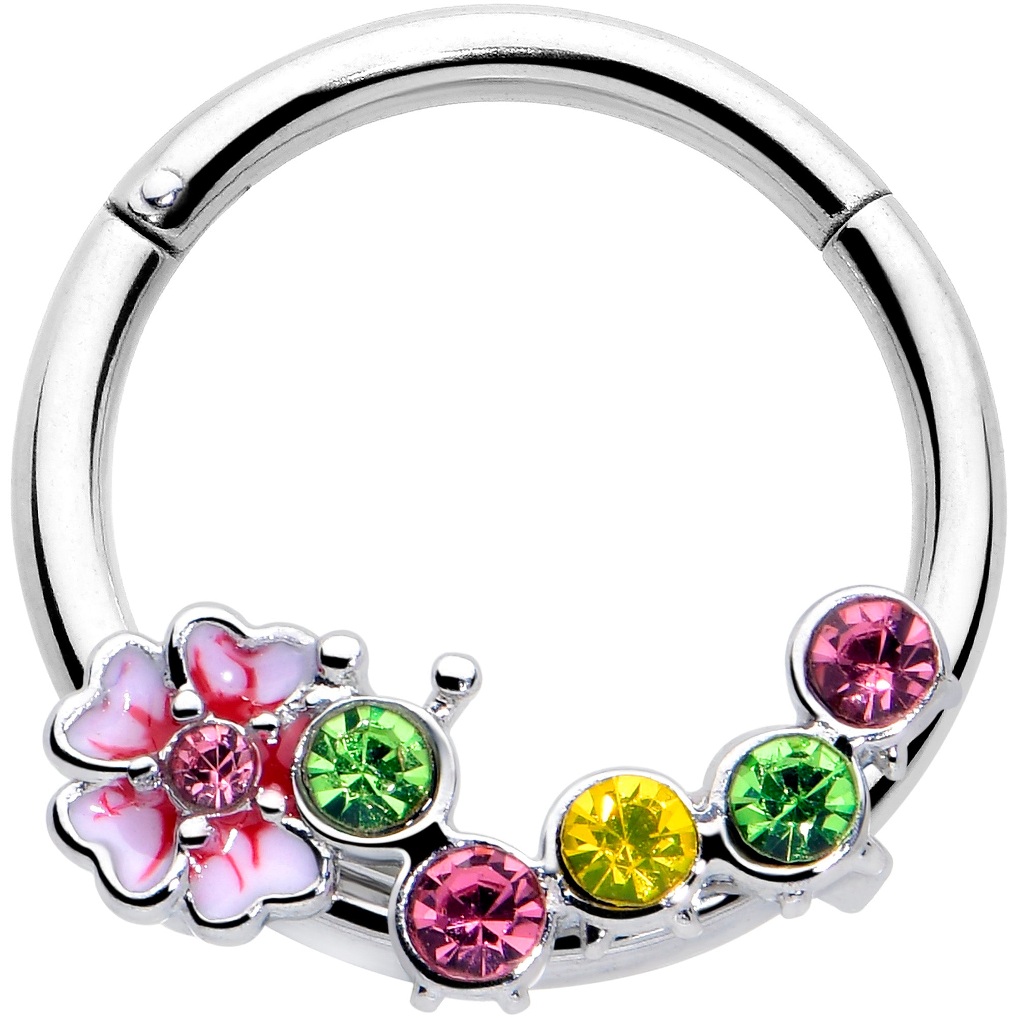 16 Gauge 3/8 Green Pink CZ Gem Caterpillar Flower Hinged Segment Ring
