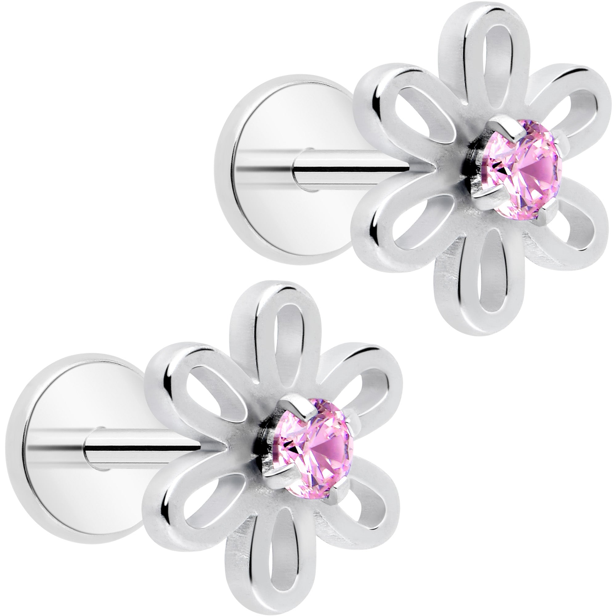 Pink CZ Gem Loopy Daisy Flat Back Stud Earrings