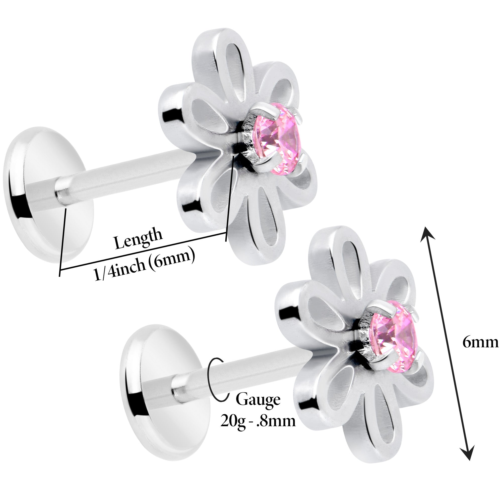 Pink CZ Gem Daisy Design Flat Back Stud Earrings