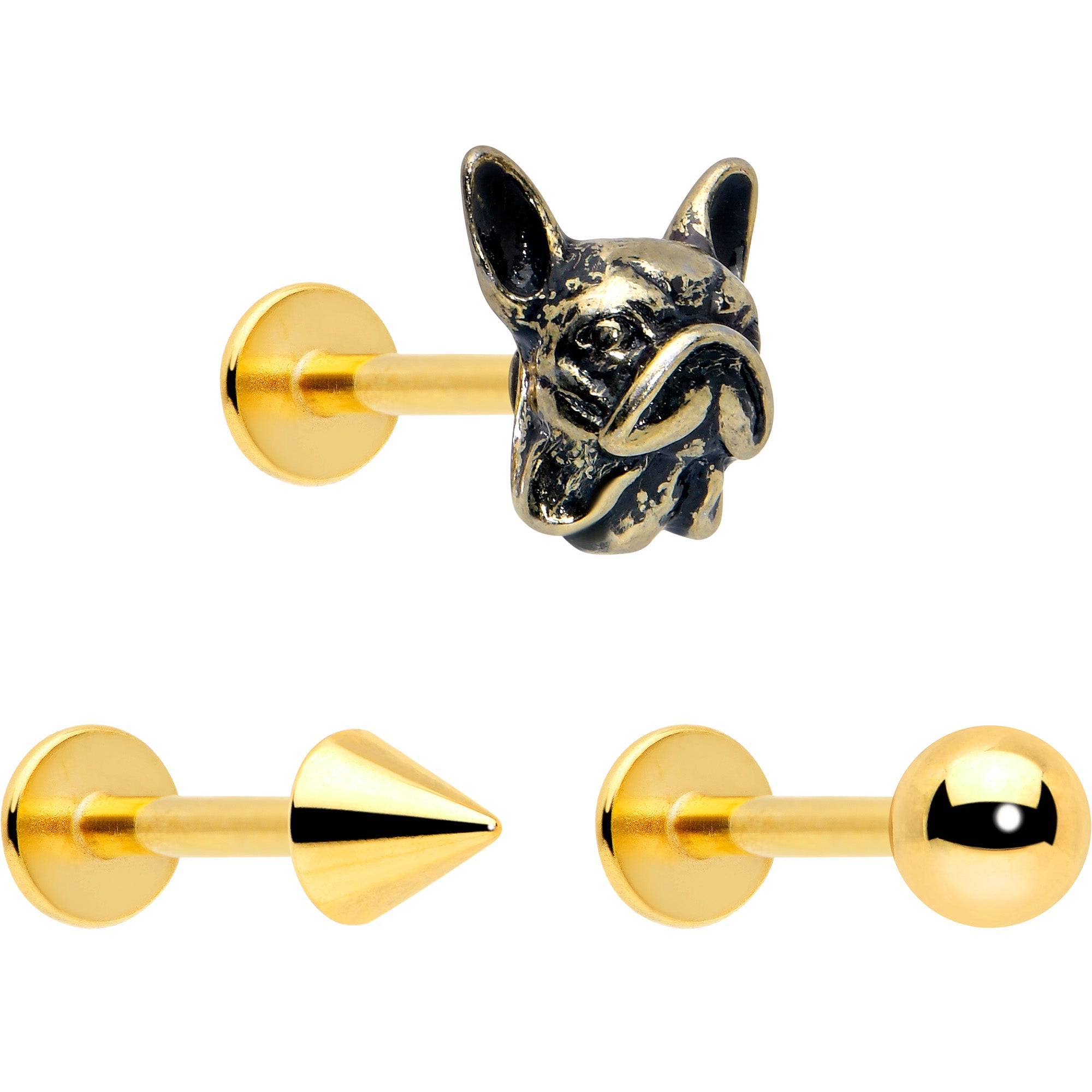 16 Gauge 5/16 Gold Tone Anodized French Bulldog Labret Tragus Set of 3