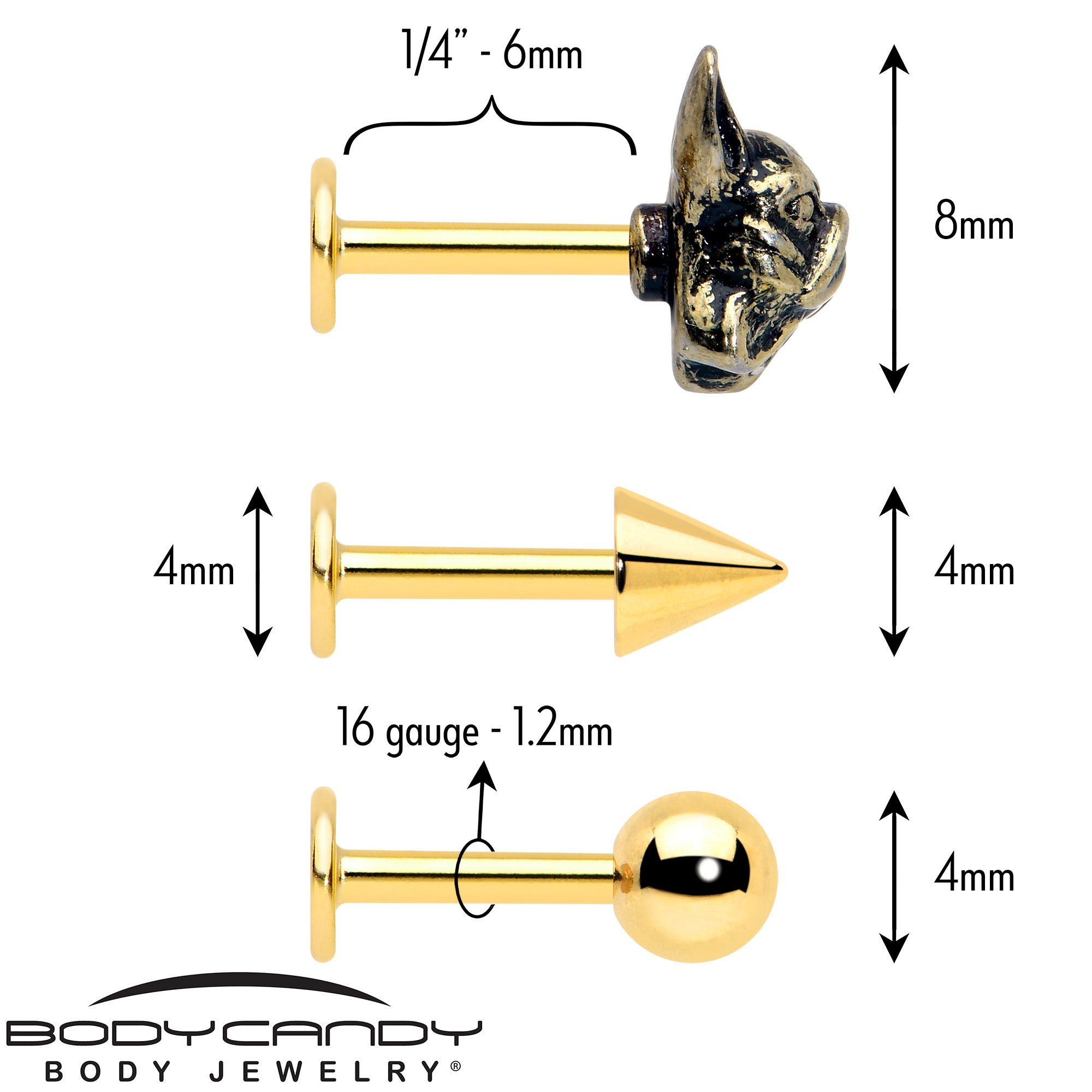 16 Gauge 5/16 French Bulldog Anodized Labret Tragus Gold Tone Set