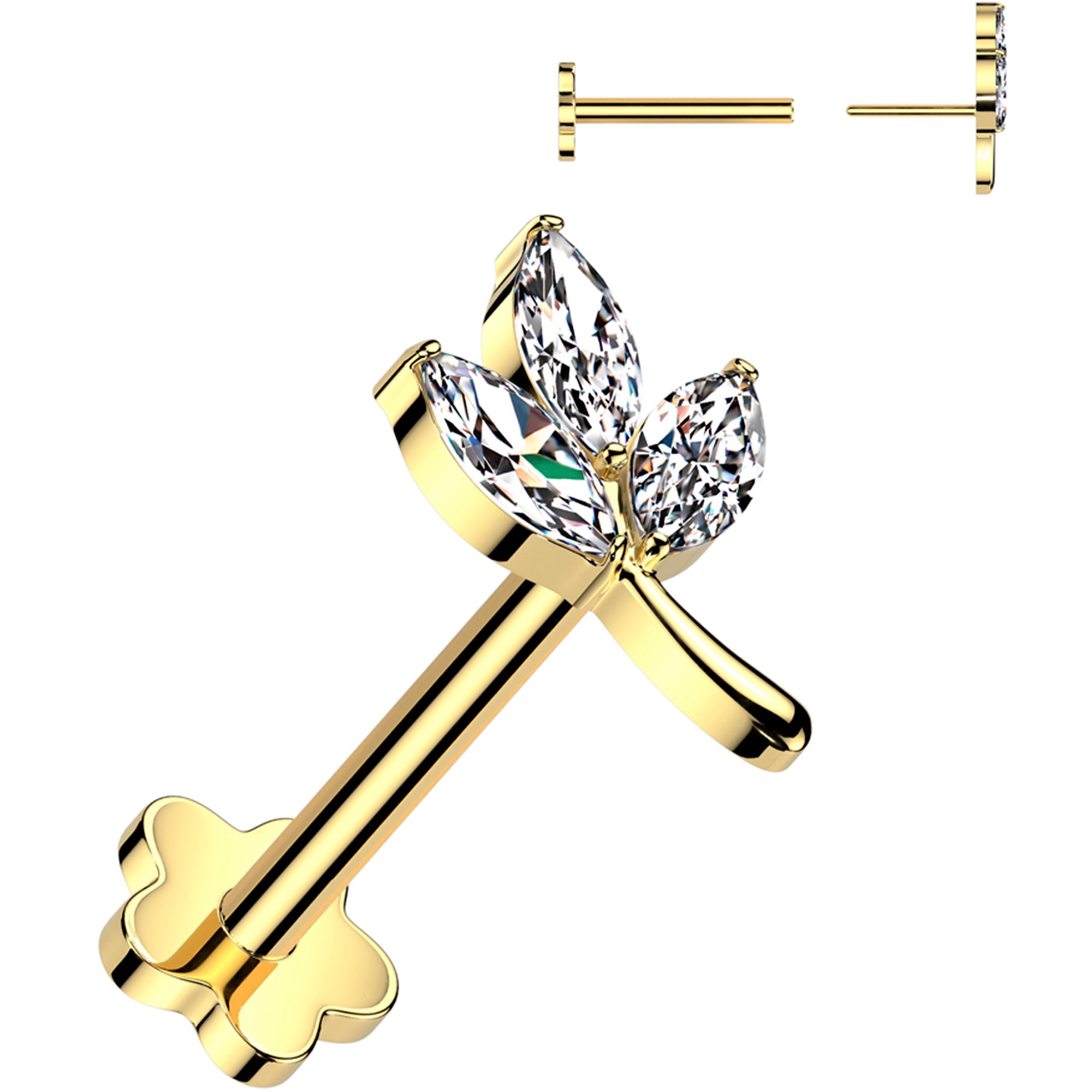 16G 5/16 CZ Gem Leaves Gold PVD Medical Grade Titanium Reversible Flat Back Earring