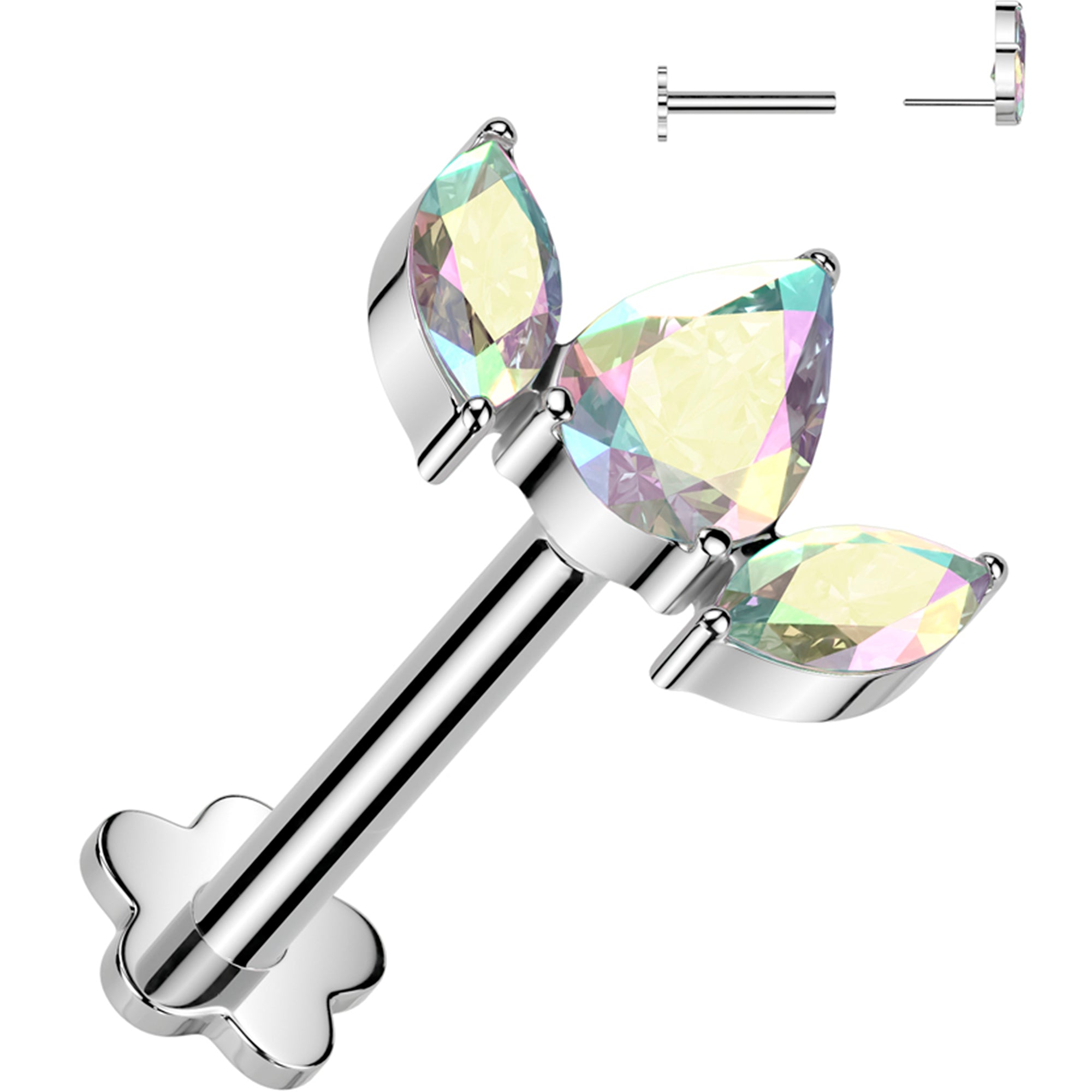 16G 5/16 Aurora CZ Gem Oval Trio Medical Grade Titanium Reversible Flat Back Earring