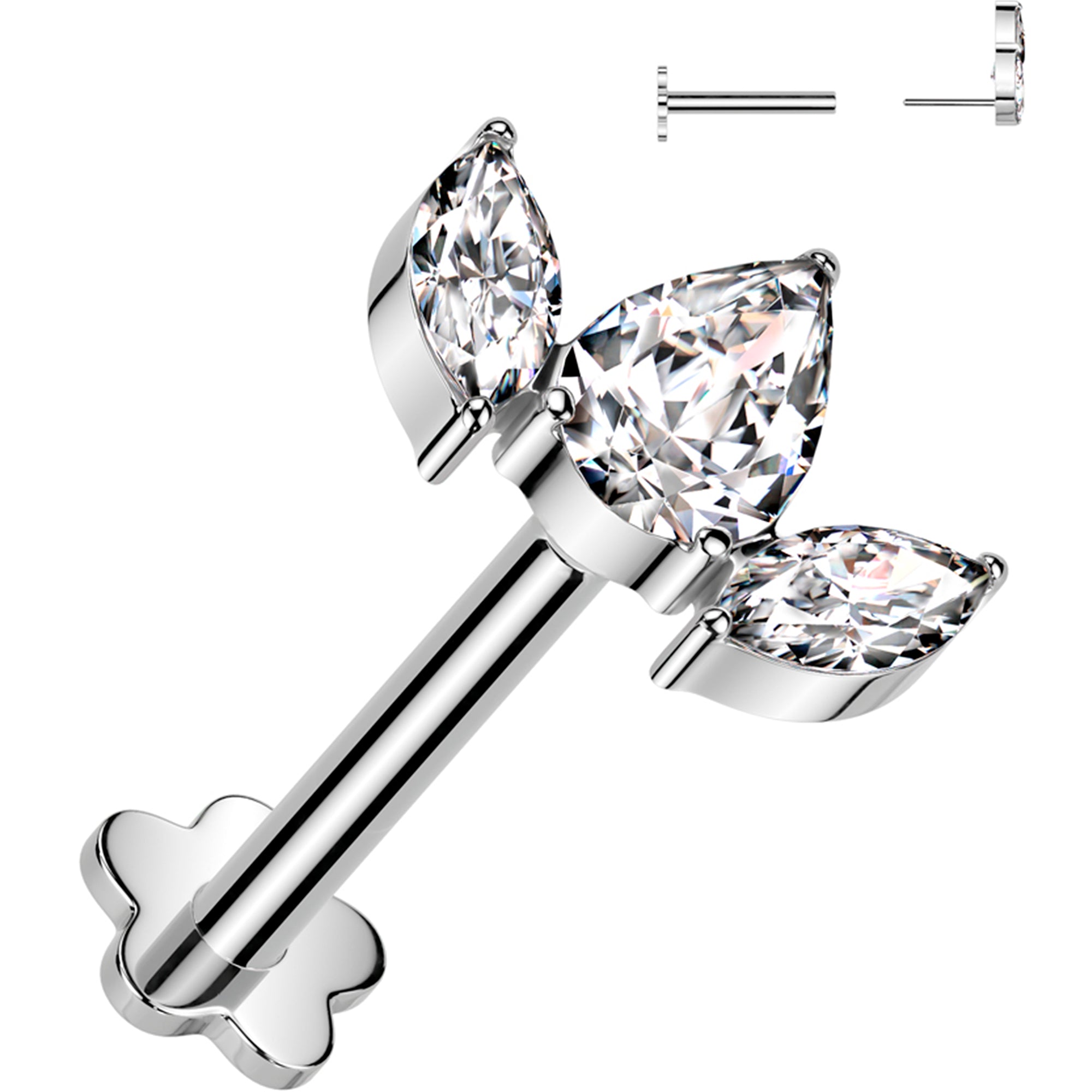 18G 5/16 Clear CZ Gem Oval Trio Medical Grade Titanium Reversible Flat Back Earring