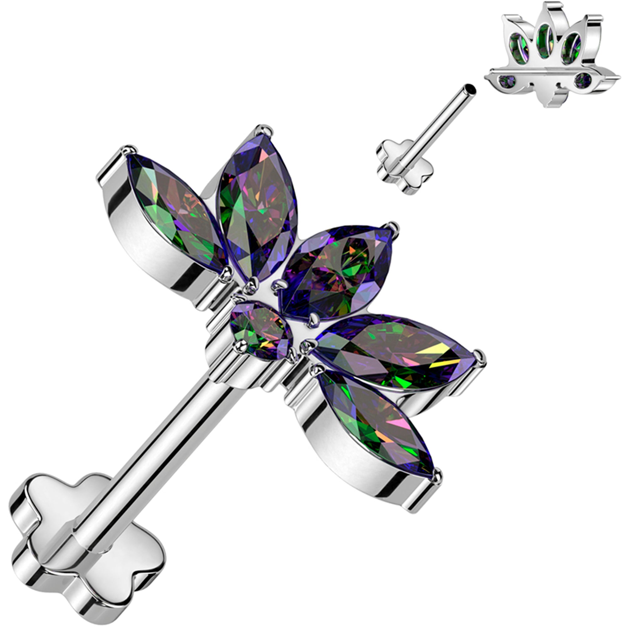 18G 5/16 Vitrail CZ Gem Style Fan Medical Grade Titanium Reversible Flat Back Earring