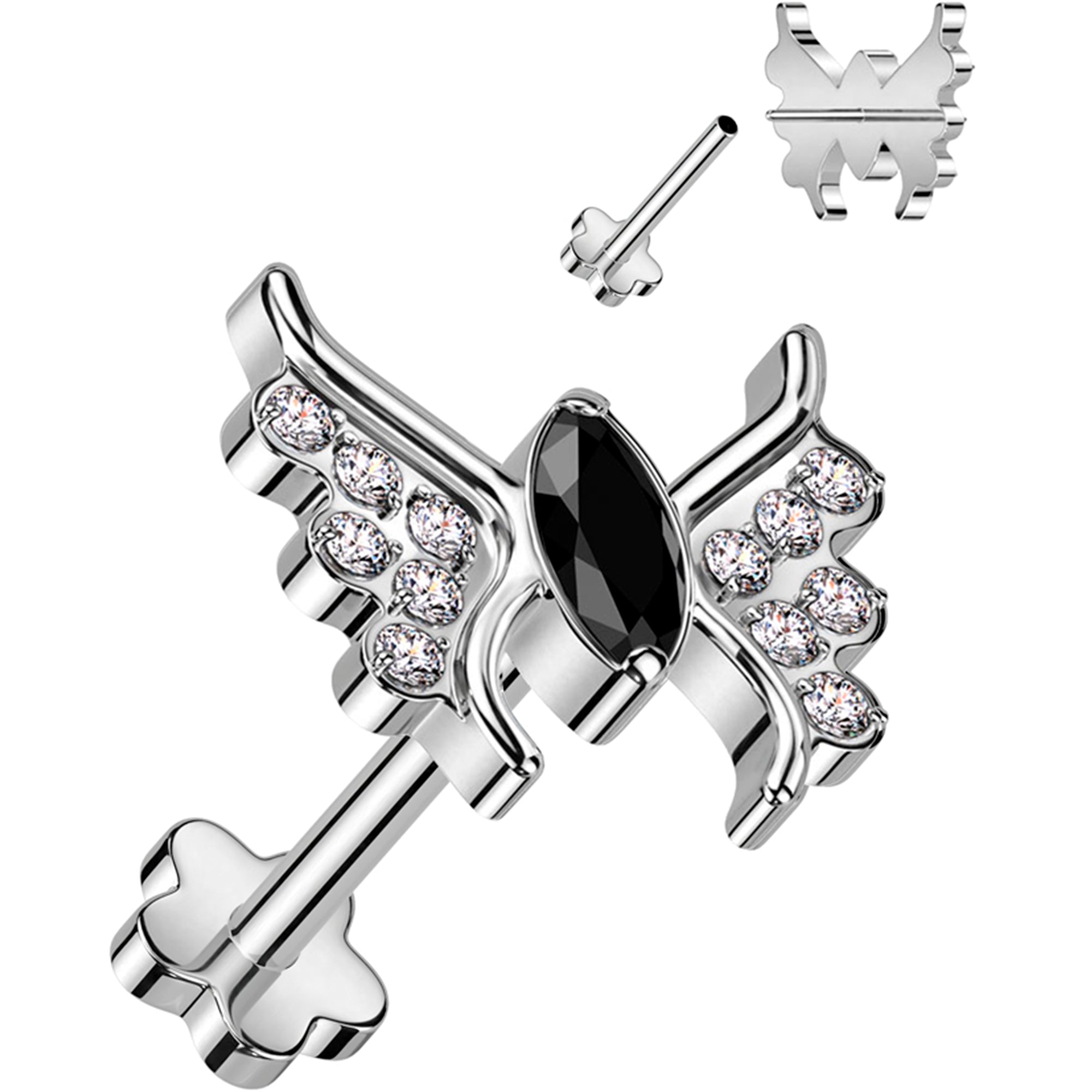 18G 5/16 Black CZ Gem Butterfly Medical Grade Titanium Reversible Flat Back Earring