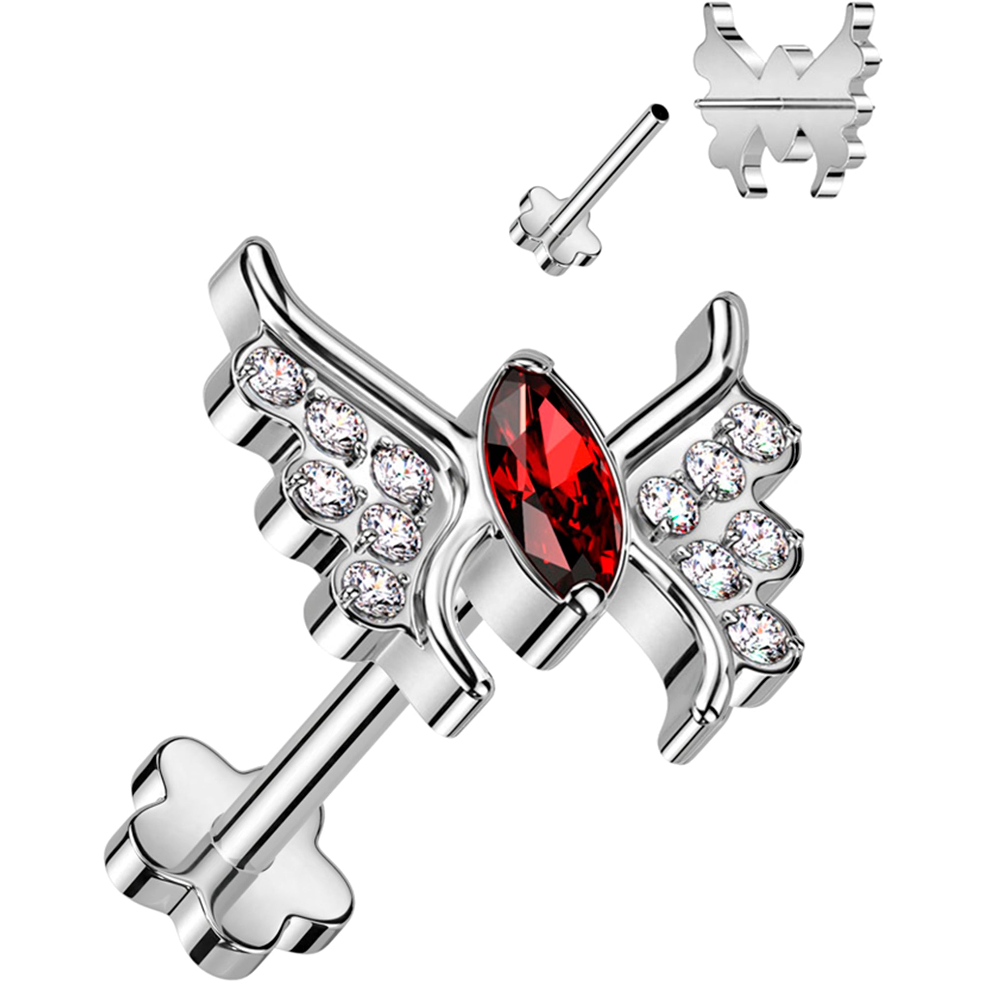 18G 5/16 Red CZ Gem Butterfly Medical Grade Titanium Reversible Flat Back Earring