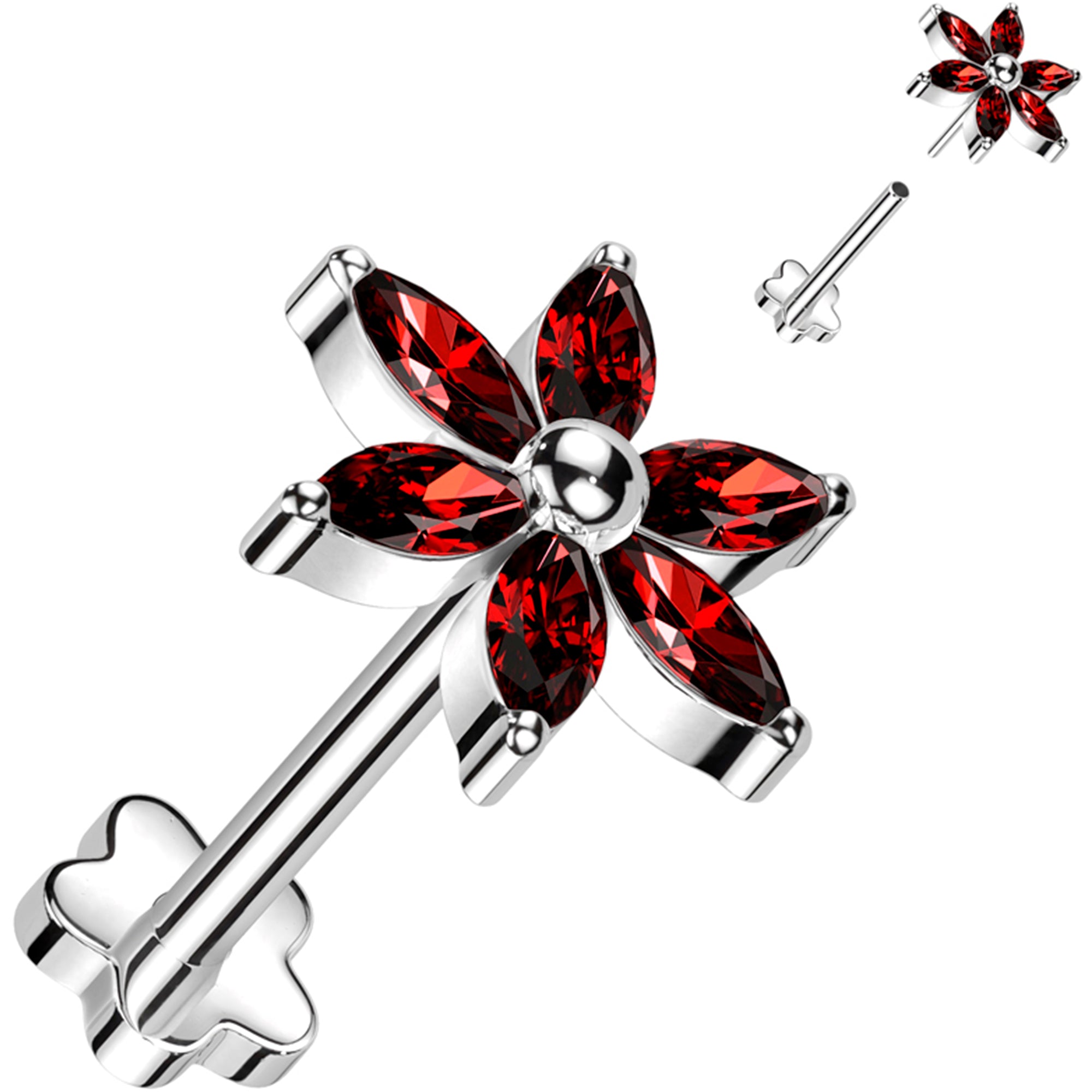 18G 5/16 Red CZ Gem Style Flower Medical Grade Titanium Reversible Flat Back Earring
