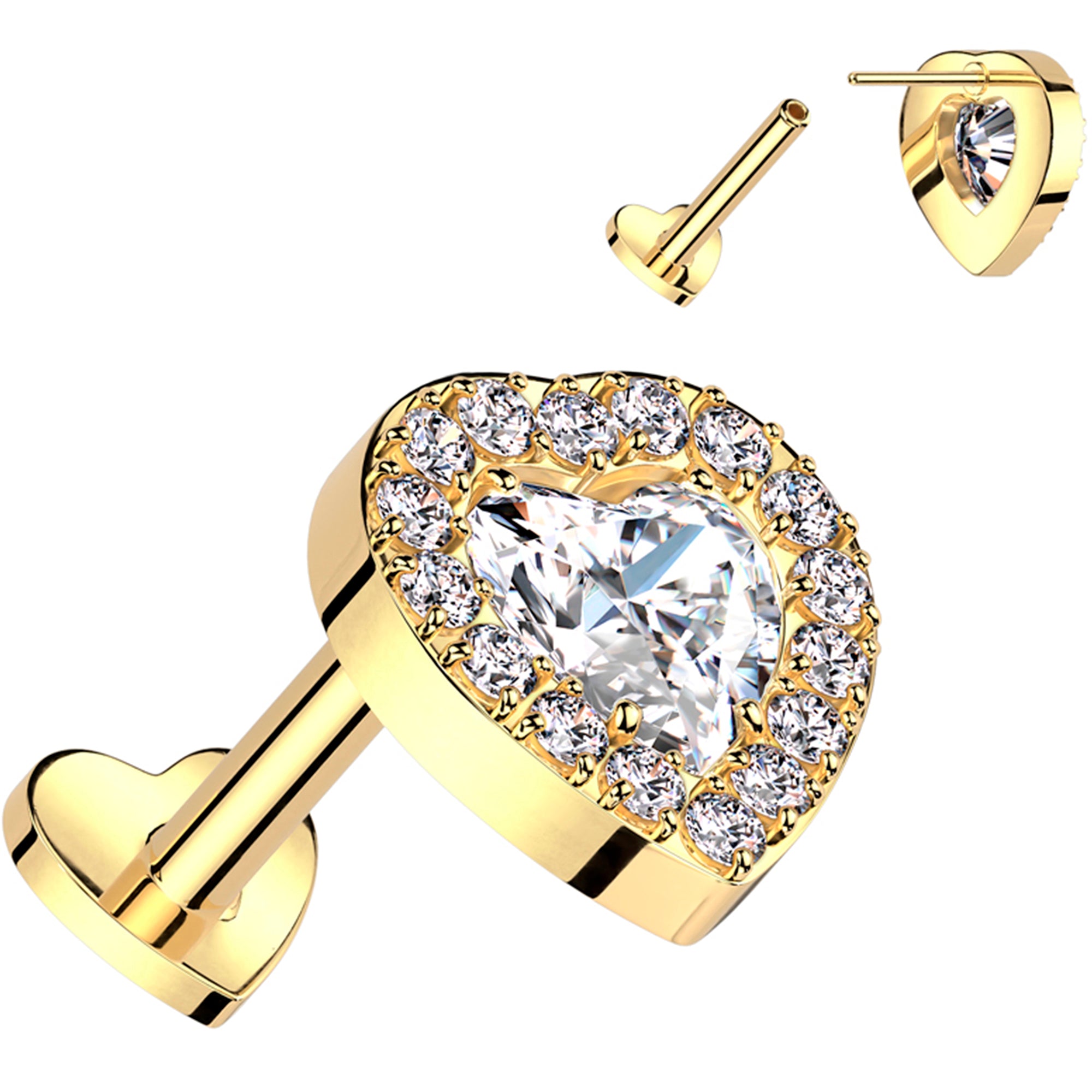 18G 5/16 Clear CZ Gem Heart Duo Gold PVD Medical Grade Titanium Reversible Flat Back Earring