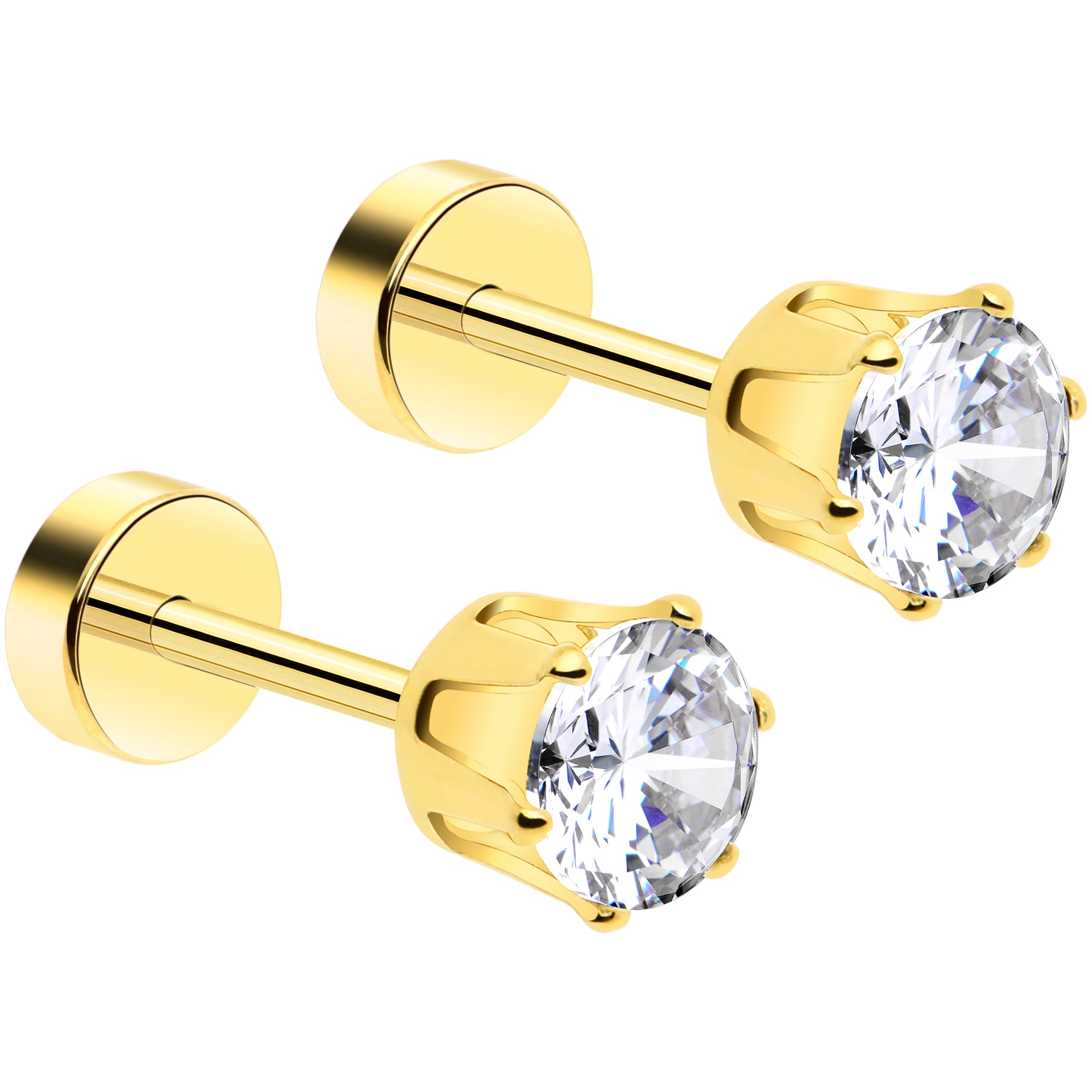 14k Yellow Gold Plated 4mm CZ Flat Back Stud Earrings Pair