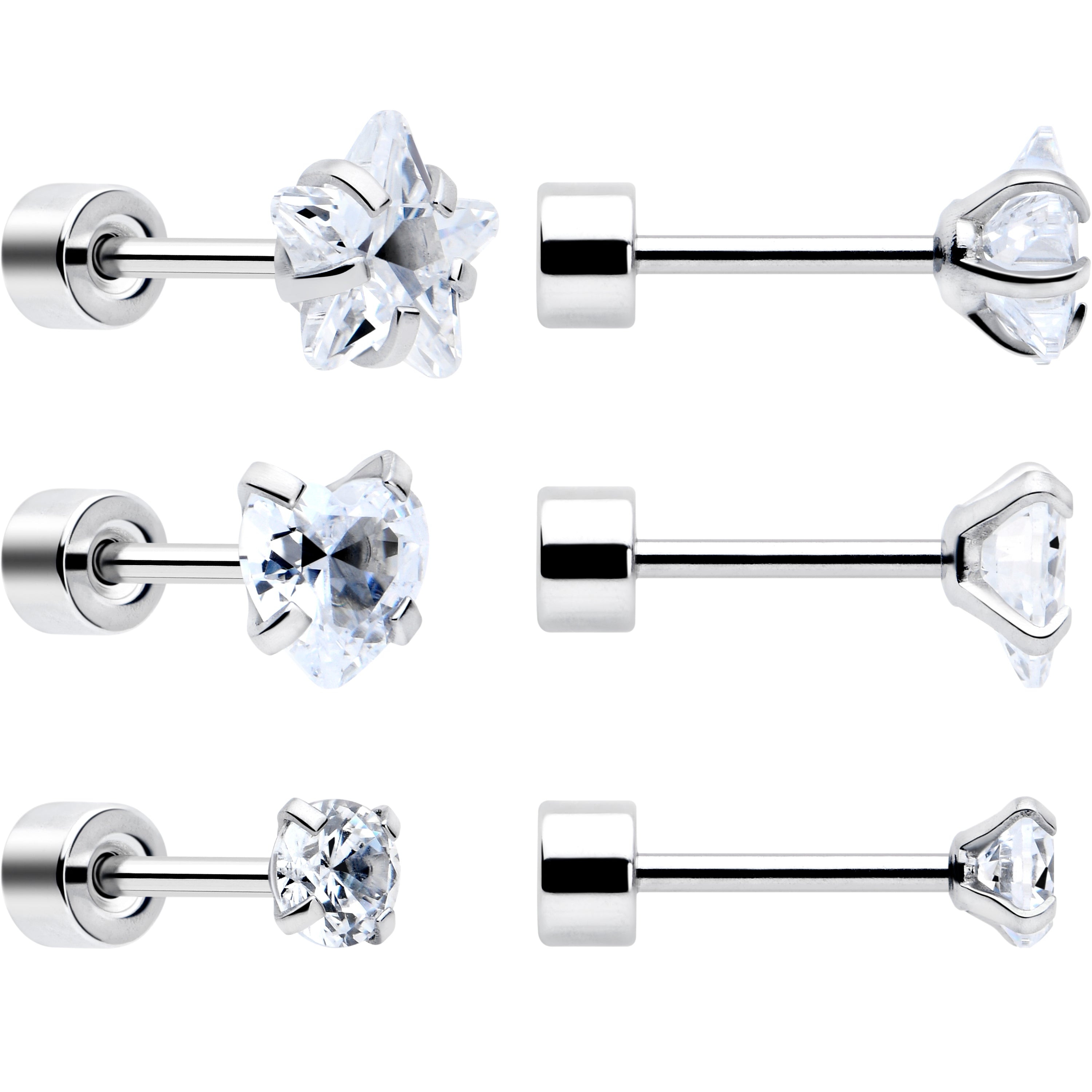 Clear Simplistic Heart Star CZ Flat Back Stud Earrings - 3 Pairs