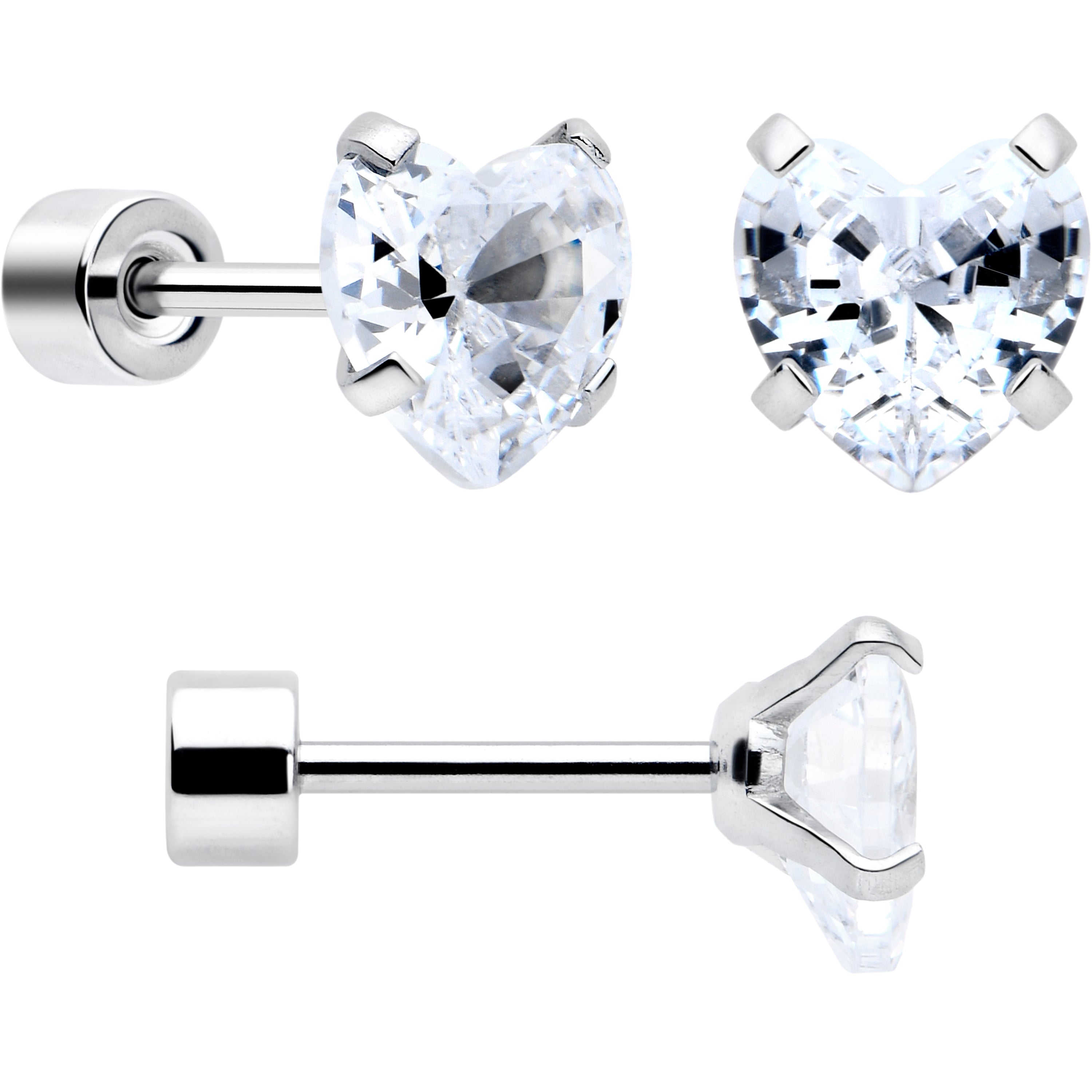 Clear Heart CZ Flat Back Stud Earrings - 3 Pairs