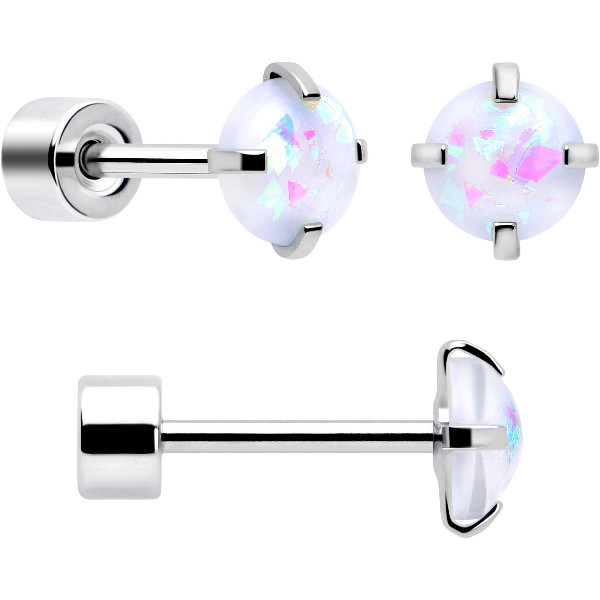 Flat Back Stud Earrings White Synthetic Opal 3 Pairs