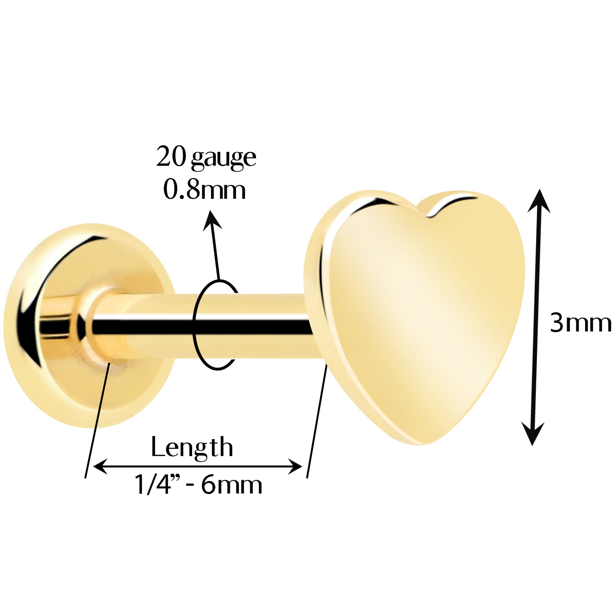 threadless flat back heart earring 14k gold 20 gauge 3mm