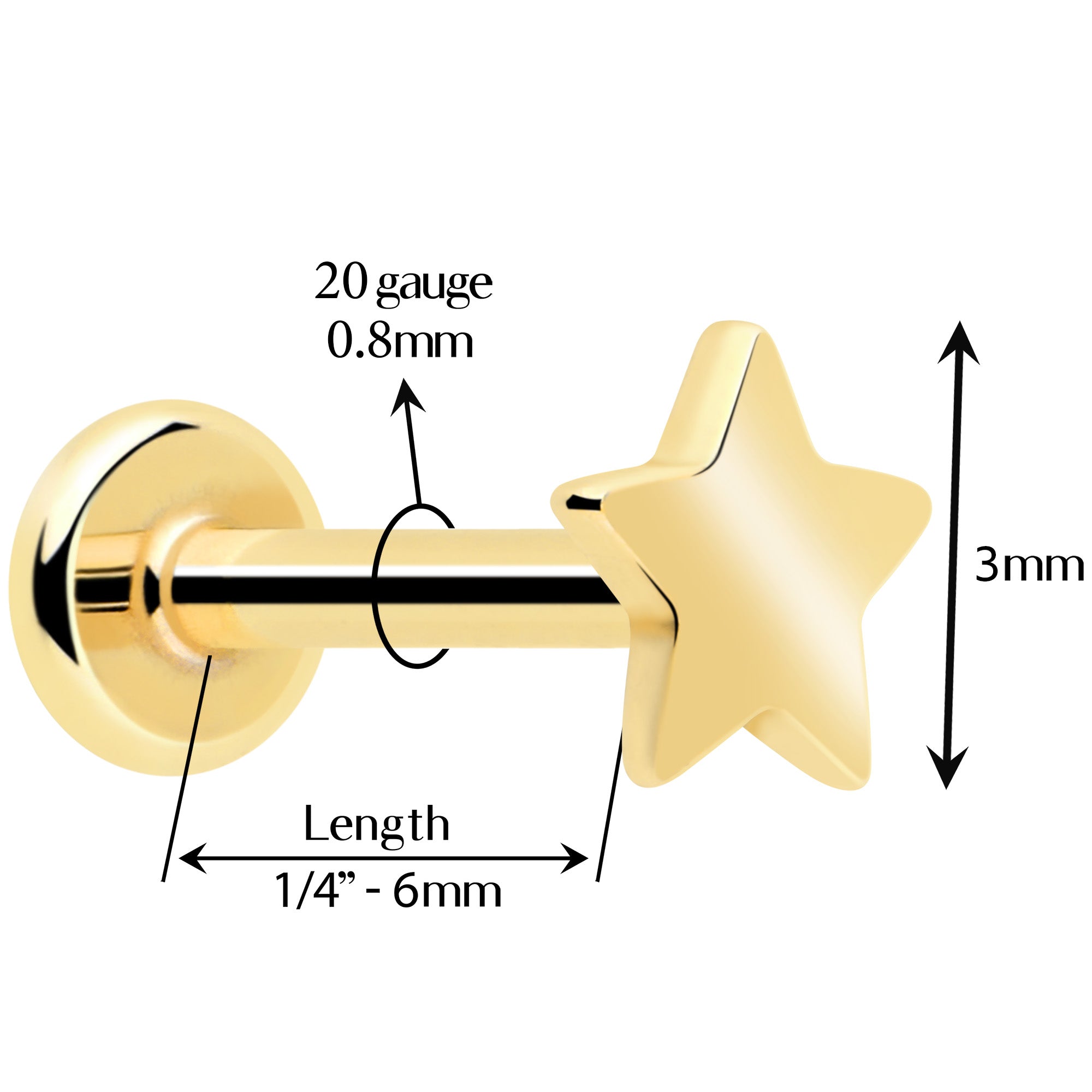 14k yellow gold threadless star earring 20 gauge