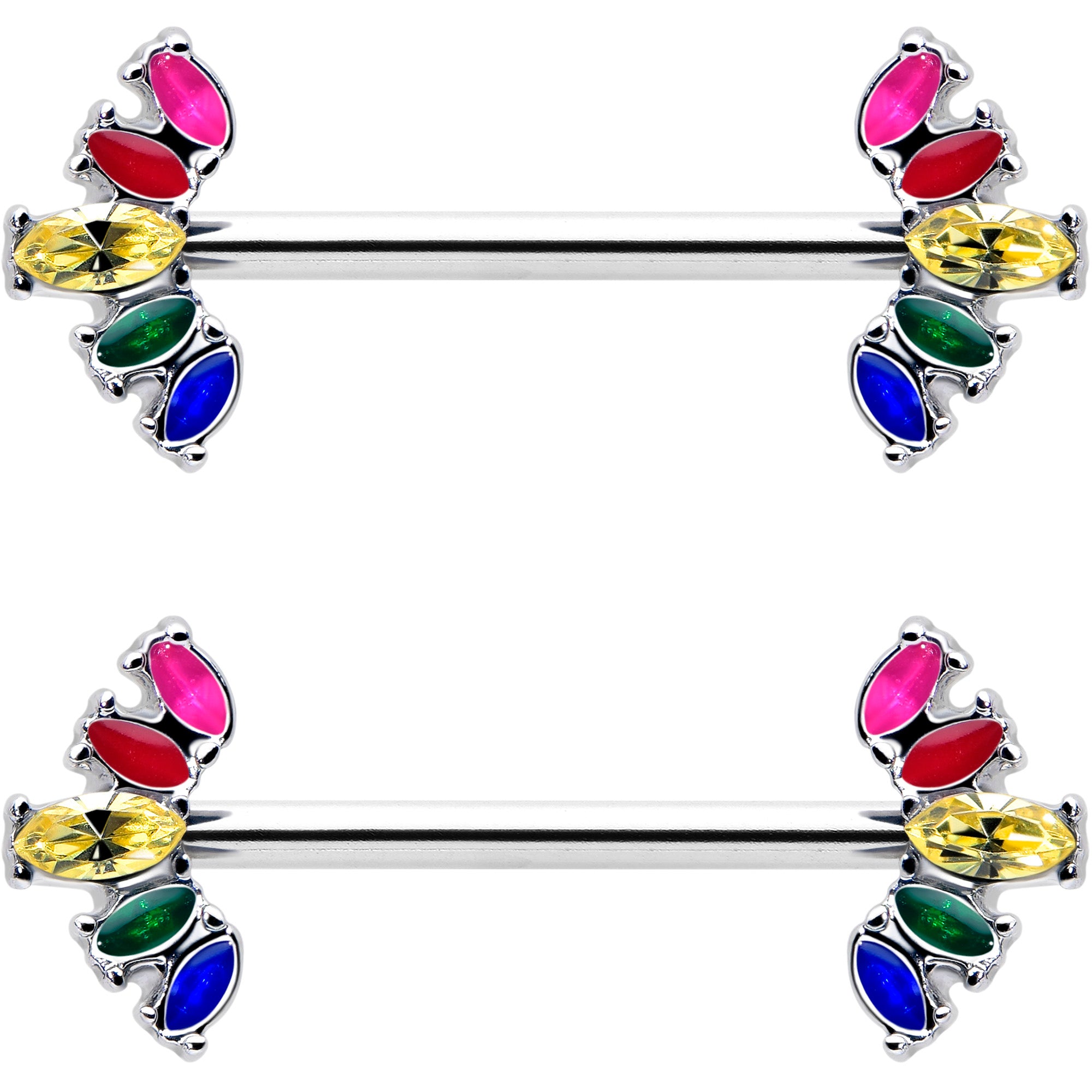 Rainbow Gem Pride Fancy Glam Nipple Rings 14 Gauge 9/16 Set