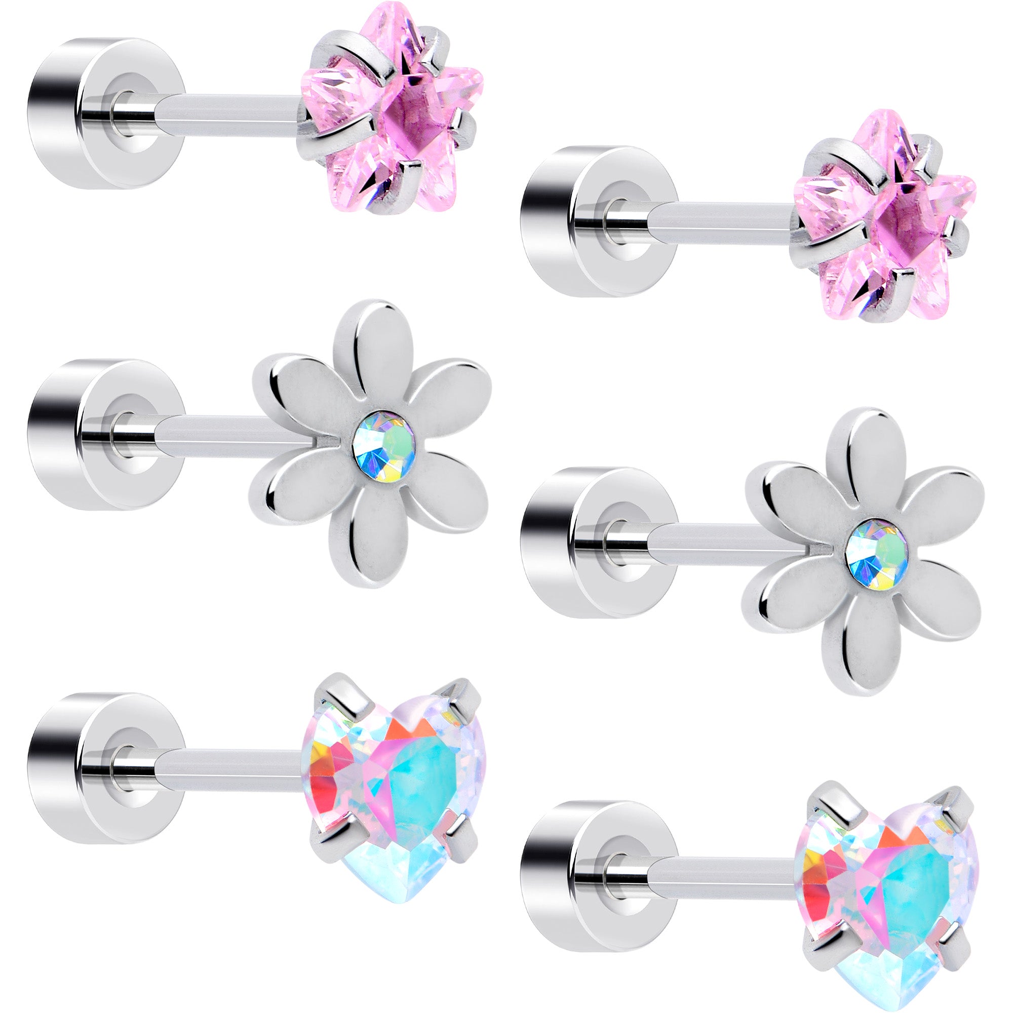 Pink Aurora Gem Star Heart Flower Flatback Earring Set