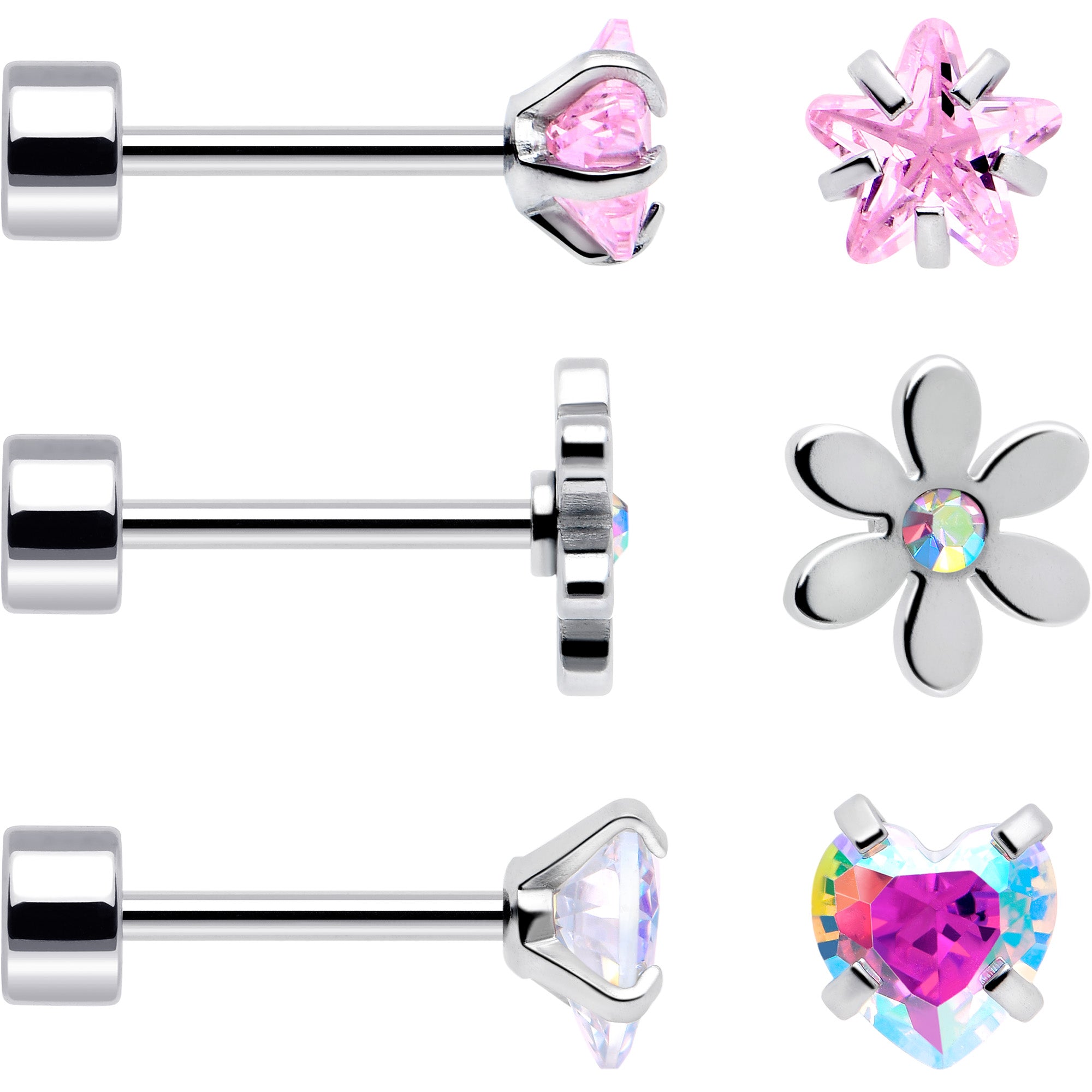 Set of 6 Pink Aurora Gem Flatback Earrings with Star Heart Flower Design