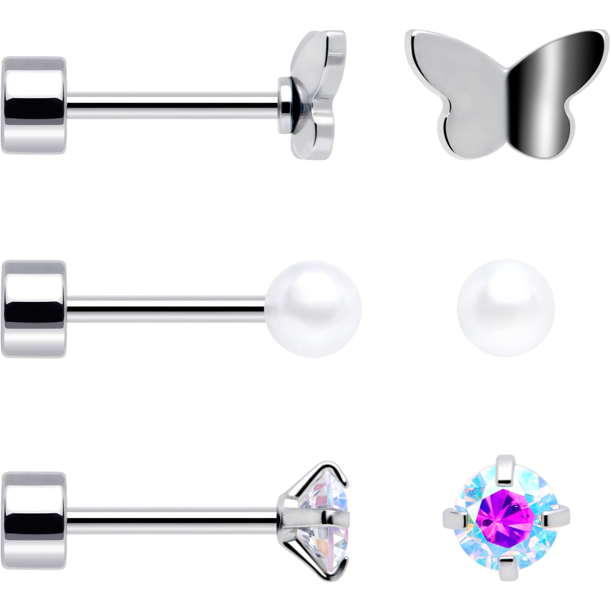 Aurora Gem White Orb Butterfly 20 Gauge Flatback Earrings Set