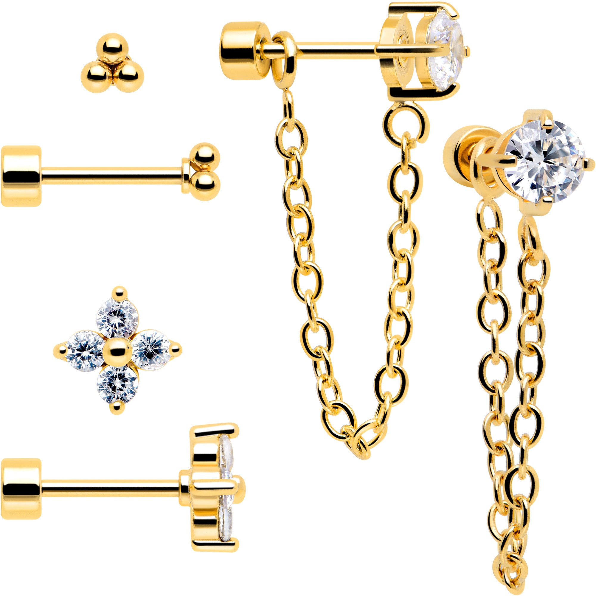 Set of 6 Gold Tone Ball Chain Dangle Earrings with Clear Gems