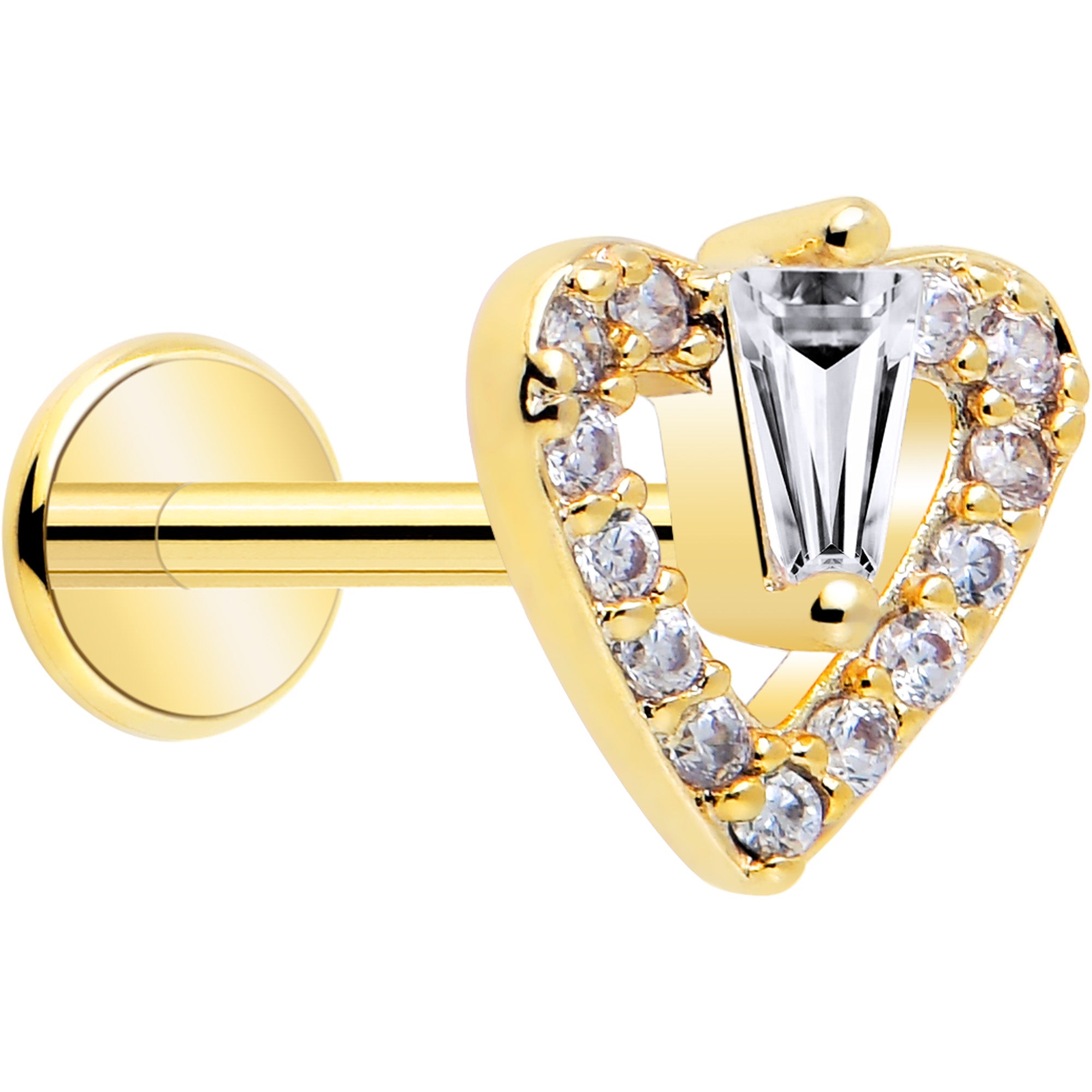 18 Gauge 5/16 Clear CZ Gem Heart Labret Monroe Tragus Gold Tone