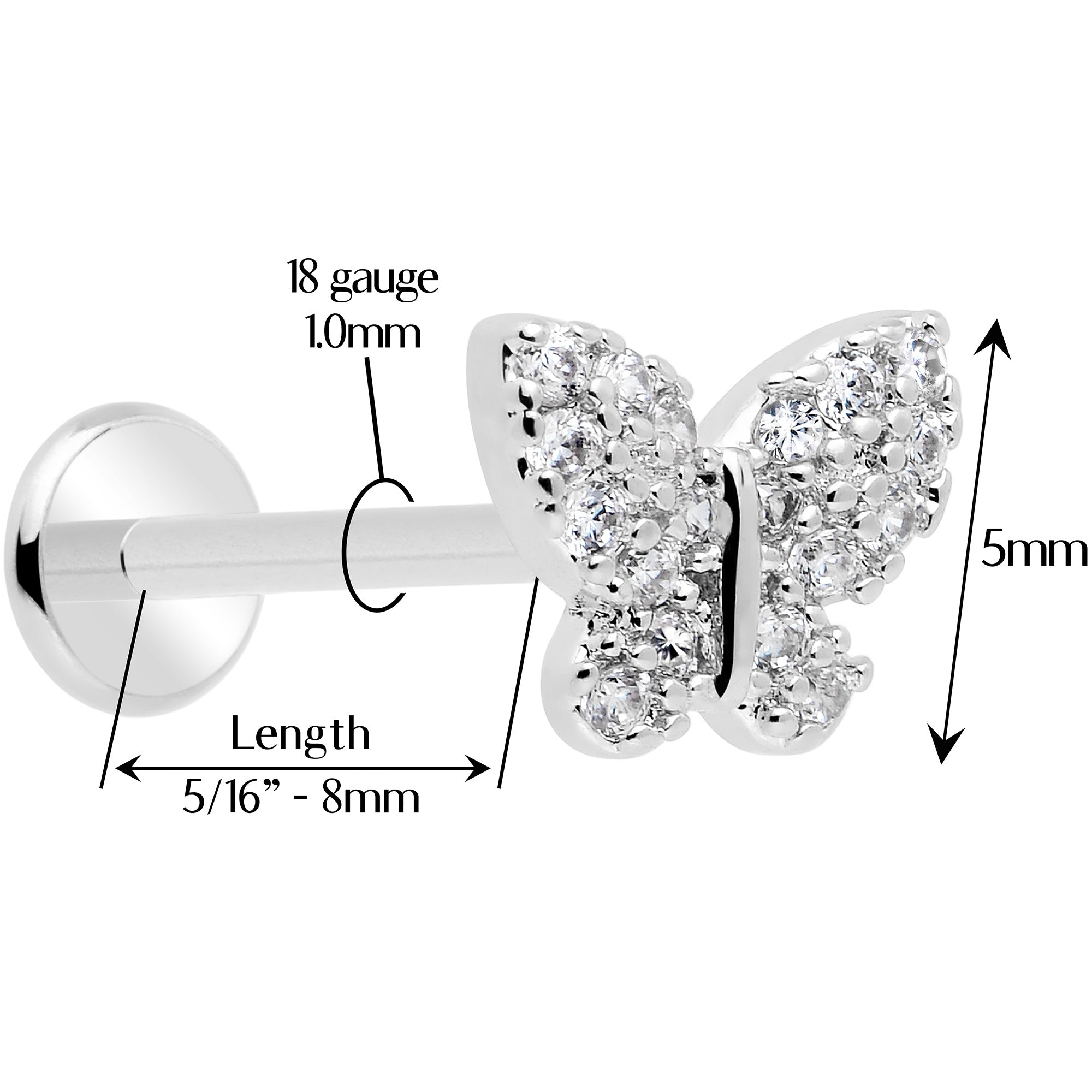 Threadless Push In 18G Labret with Butterfly