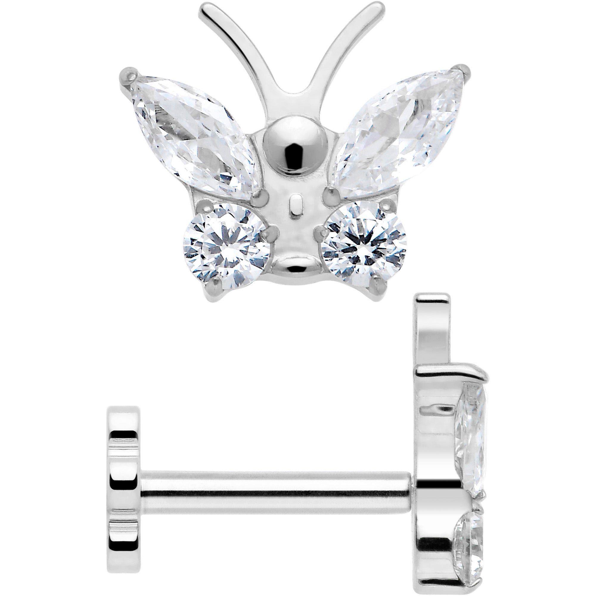 Threadless 16 Gauge Clear Gem Butterfly Labret Titanium