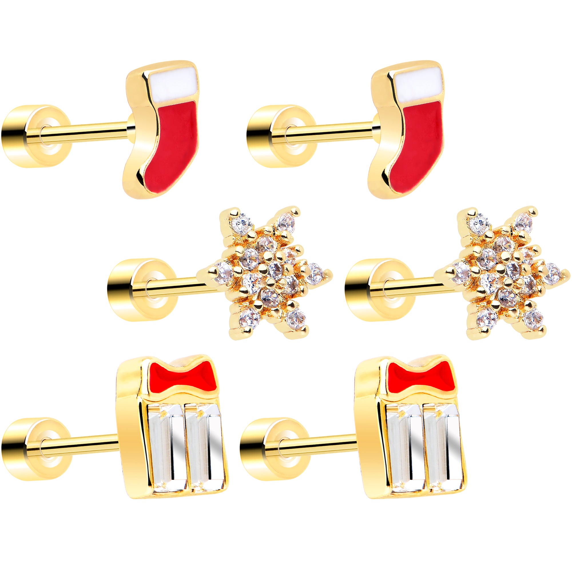 Clear Gem Gold Tone Stocking Christmas Gift Flat Back Earring Set