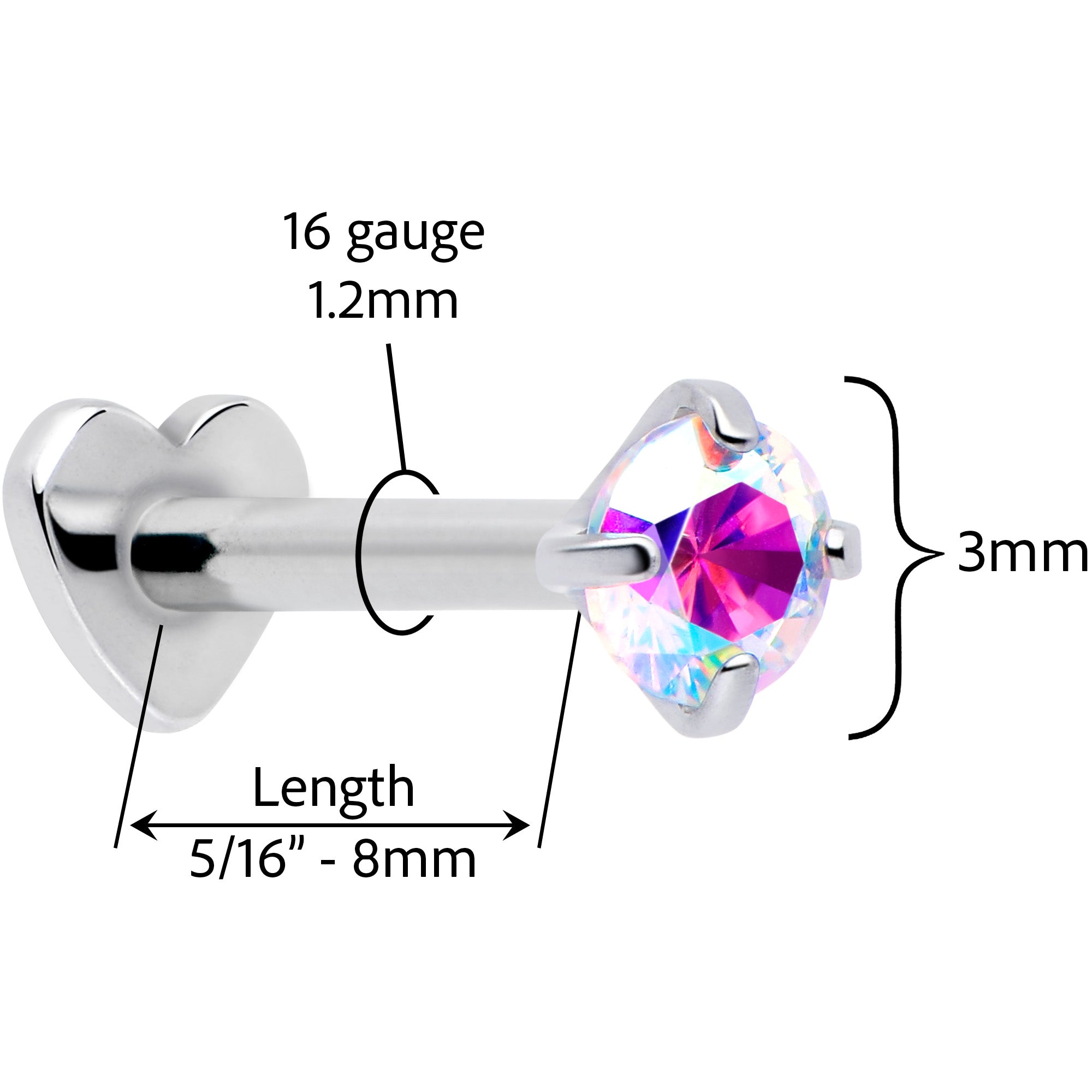 16 Gauge Aurora CZ Heart Flatback Implant Grade Stud