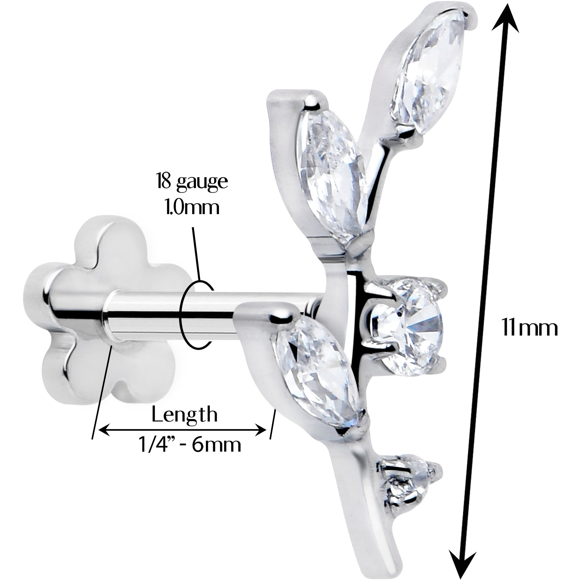 1/4 Clear Gem Titanium Leaves Threadless Stud