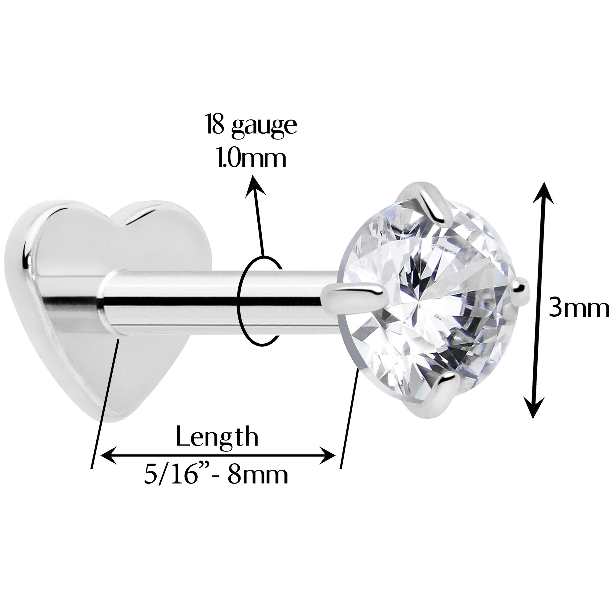 18 Gauge Clear CZ Implant Grade Titanium Reversible Threadless Flatback