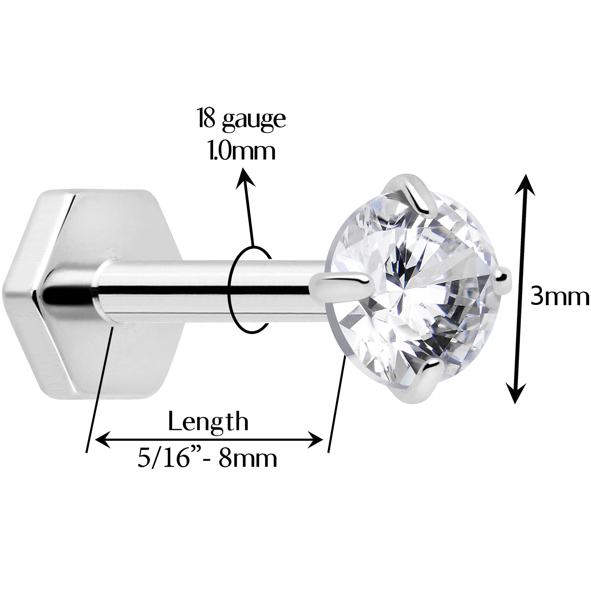 18 Gauge Clear CZ Implant Grade Titanium Flatback