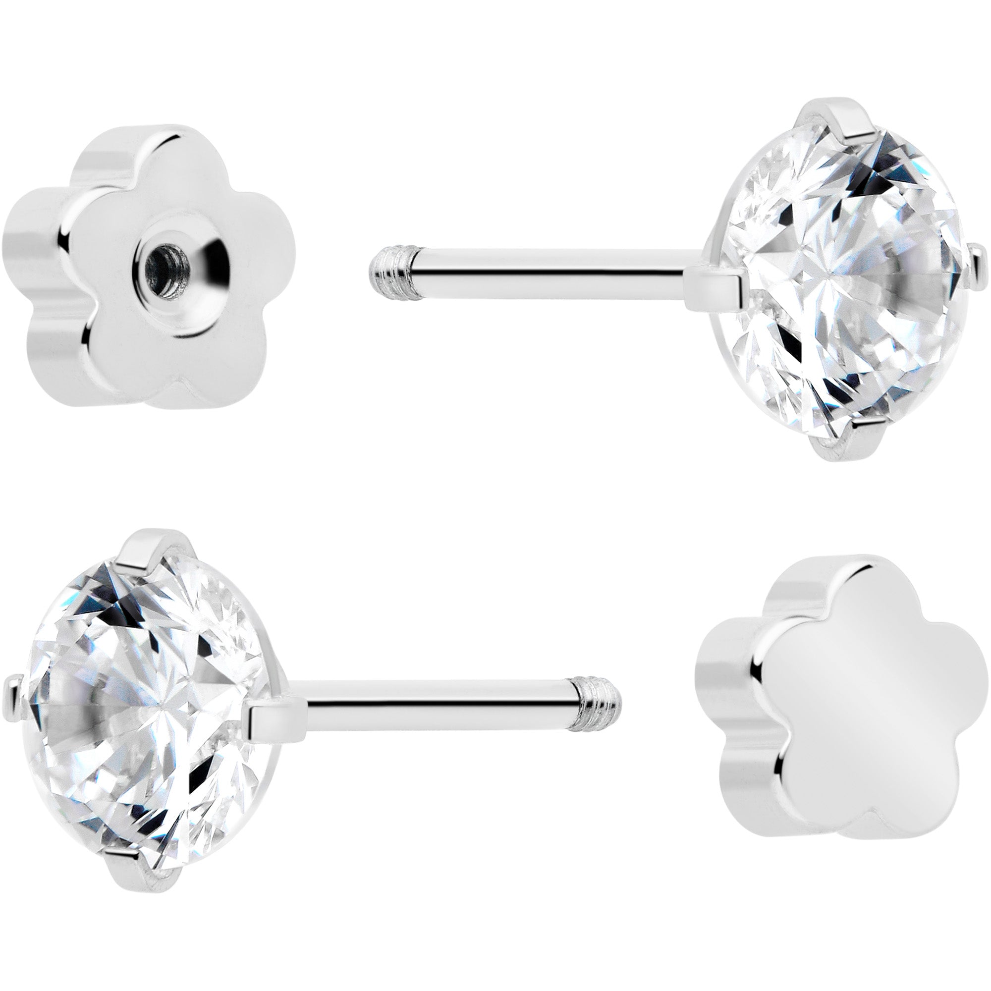 20G Clear CZ Gem Reversible Flower Flat Back Earring Set of 6