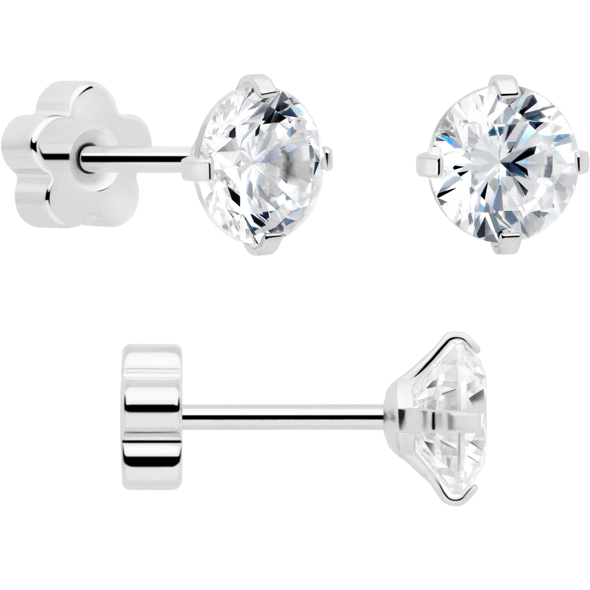 20G Clear CZ Gem Reversible Flower Flat Back Earring Set of 6