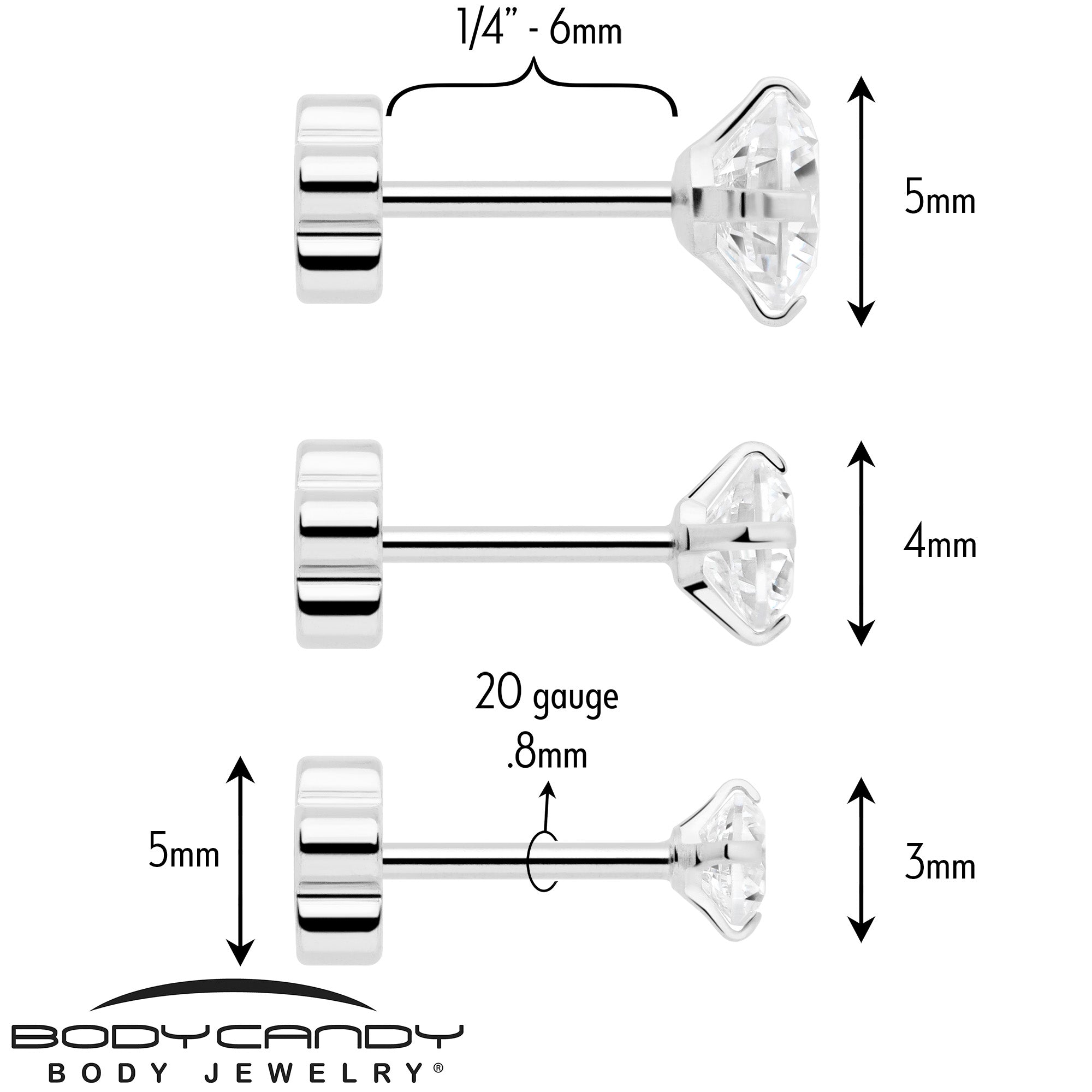 20G Clear CZ Gem Reversible Flower Flat Back Earring Set of 6